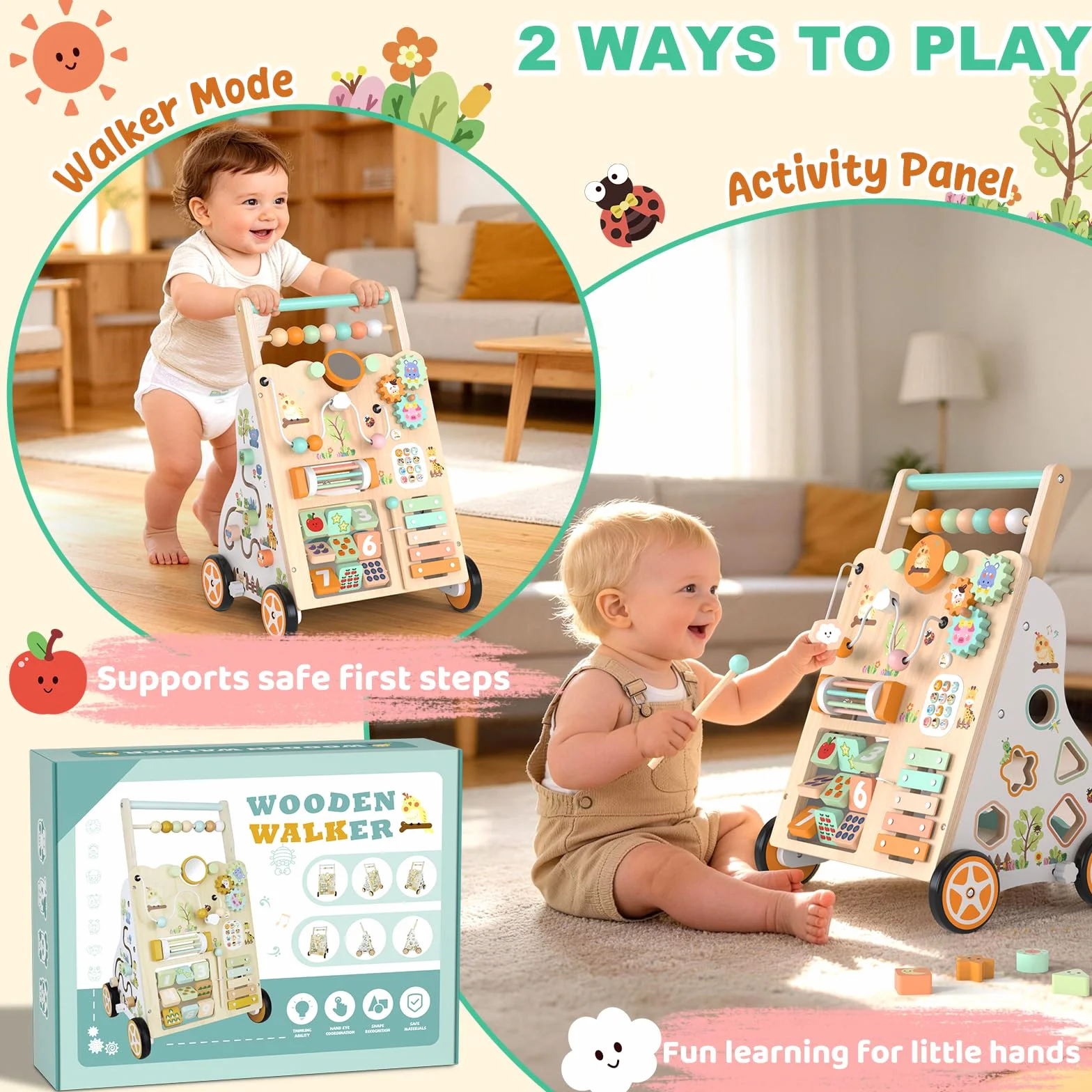 Trotteur en bois Montessori 12+ mois avec centre d'activités, labyrinthe à perles, trieur de formes, xylophone et jeu de pêche