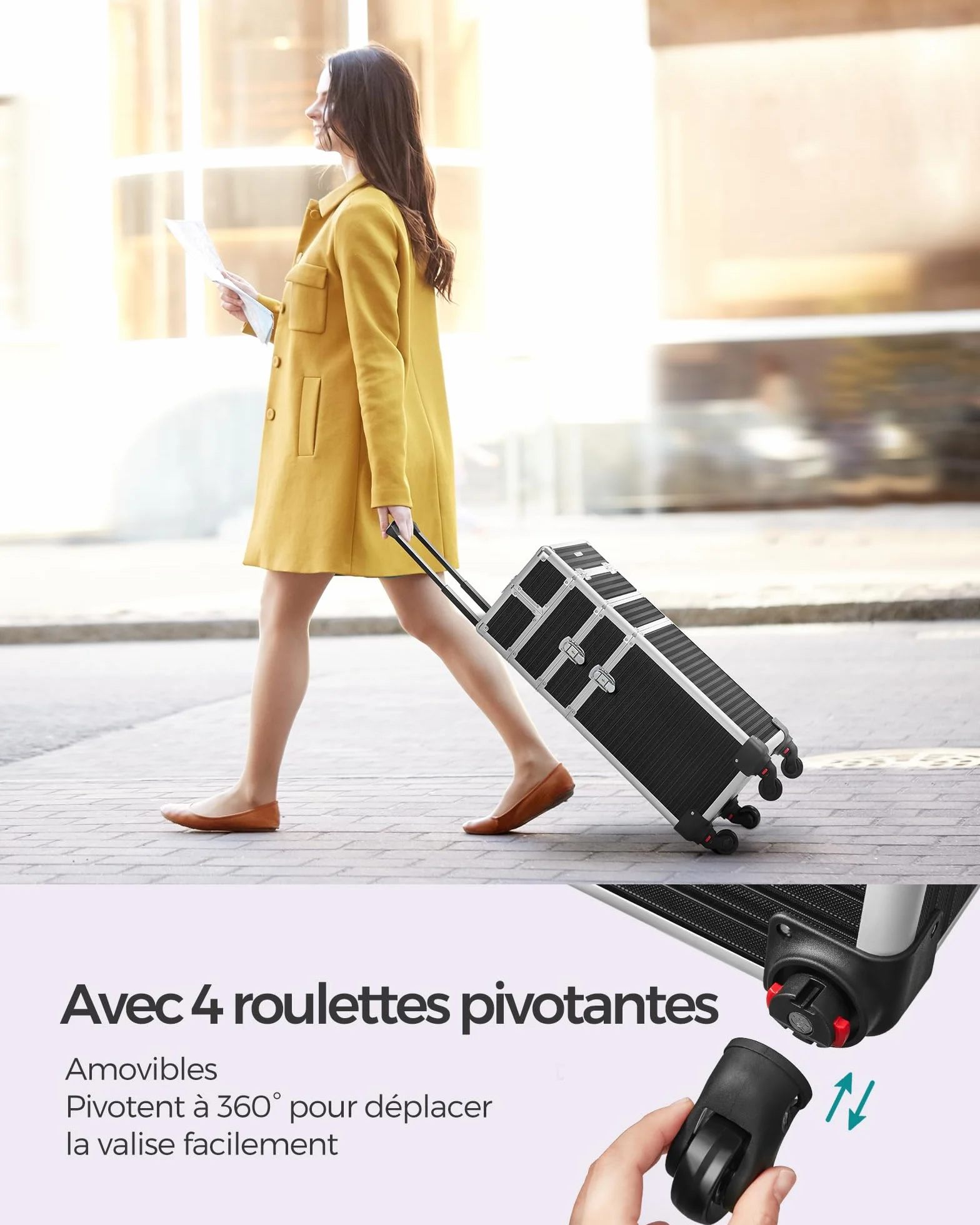 SONGMICS Valise de Maquillage Professionnel 3-en-1, Mallette Cosmétique XXL 34 x 24 x 70,5 cm, Noir