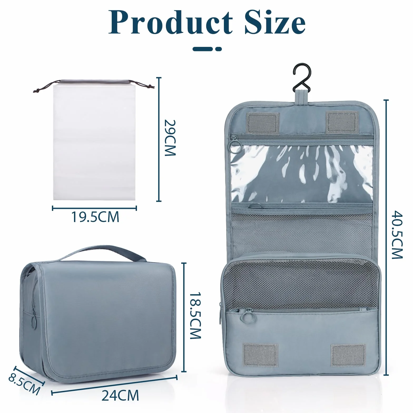 Zivacate Trousse de Toilette à Suspendre étanche avec poignée, Sac de Rangement Maquillage Homme Femme 3 Sac à Cordon pour Voyage – Gris