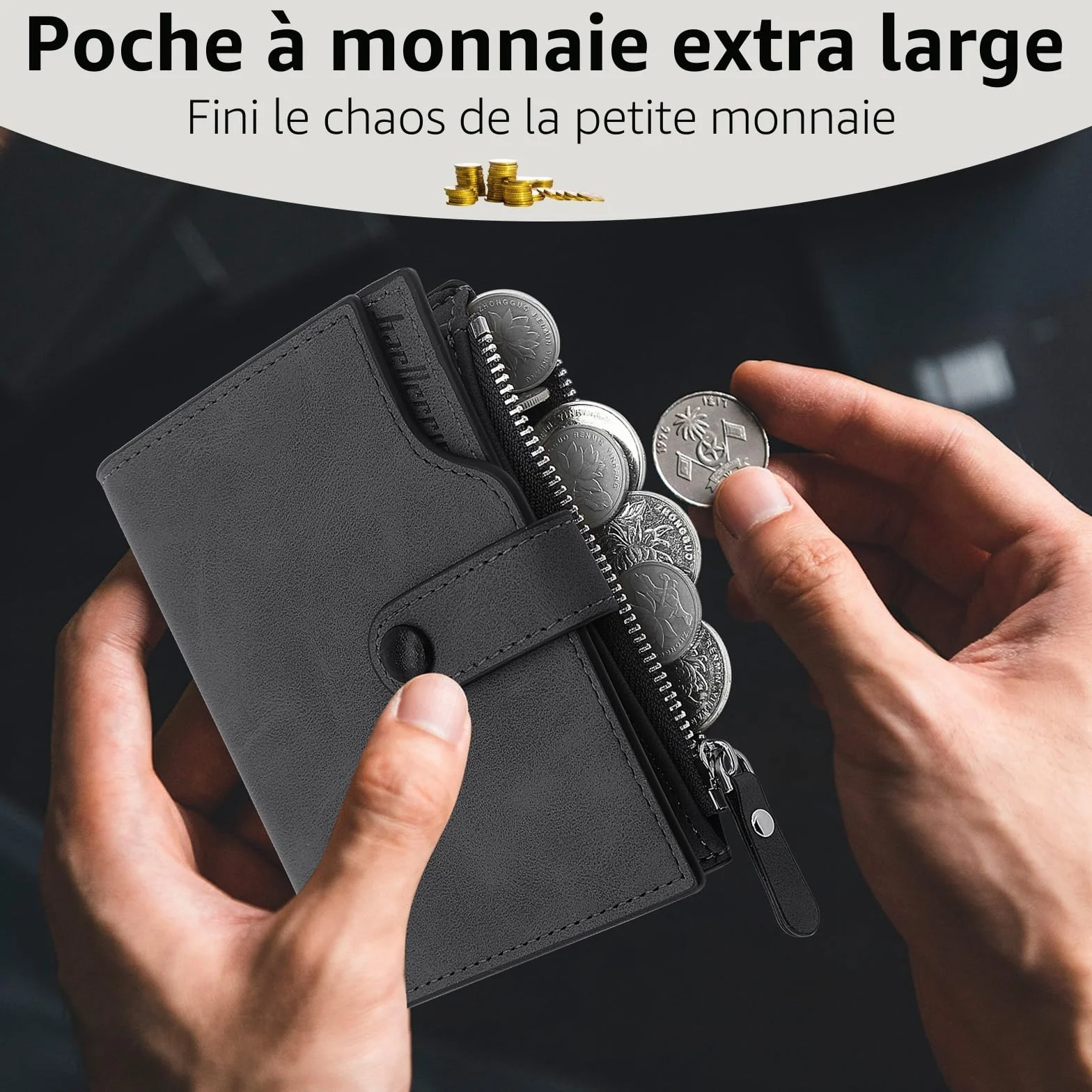 Portefeuille Homme RFID Bloquant Cuir PU avec 17 Porte Carte, Vertical Zippé Noir