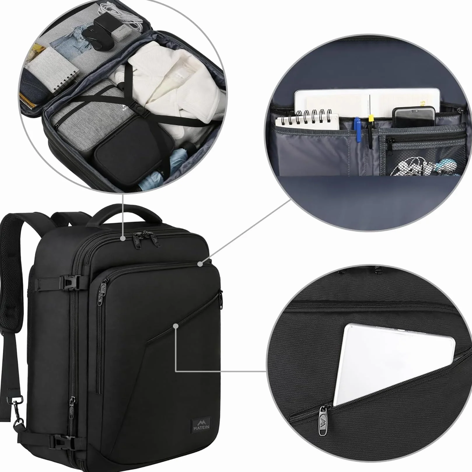 MATEIN Bagage Cabine 40x30x20 Sac à Dos Voyage Avion Compatible Ryanair 30L Imperméable Noir