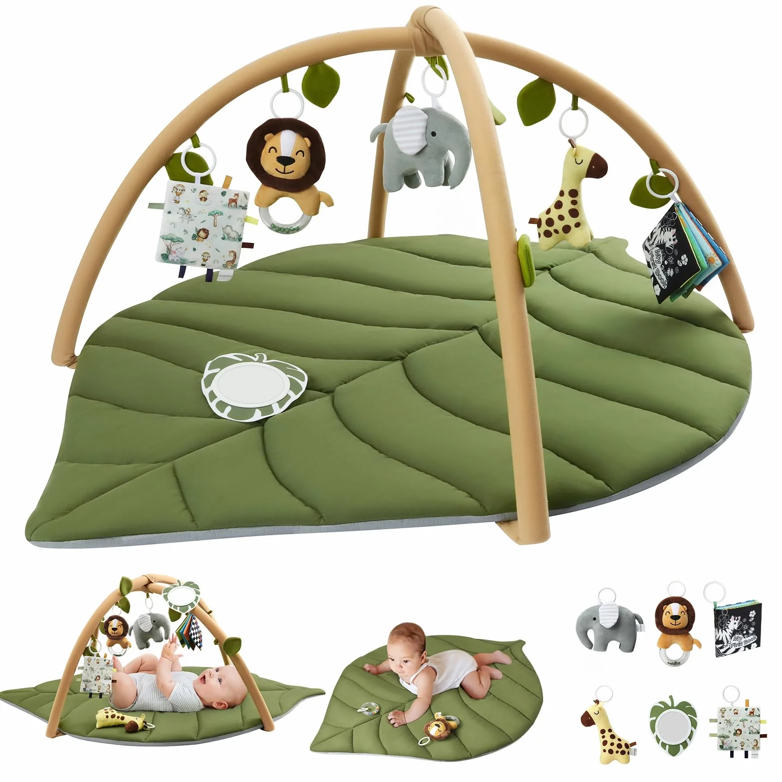 Blissful Diary Tapis d'éveil Bébé avec Arche Amovible, 6 Jouets, Développement Sensoriel et Moteur, Vert Forêt
