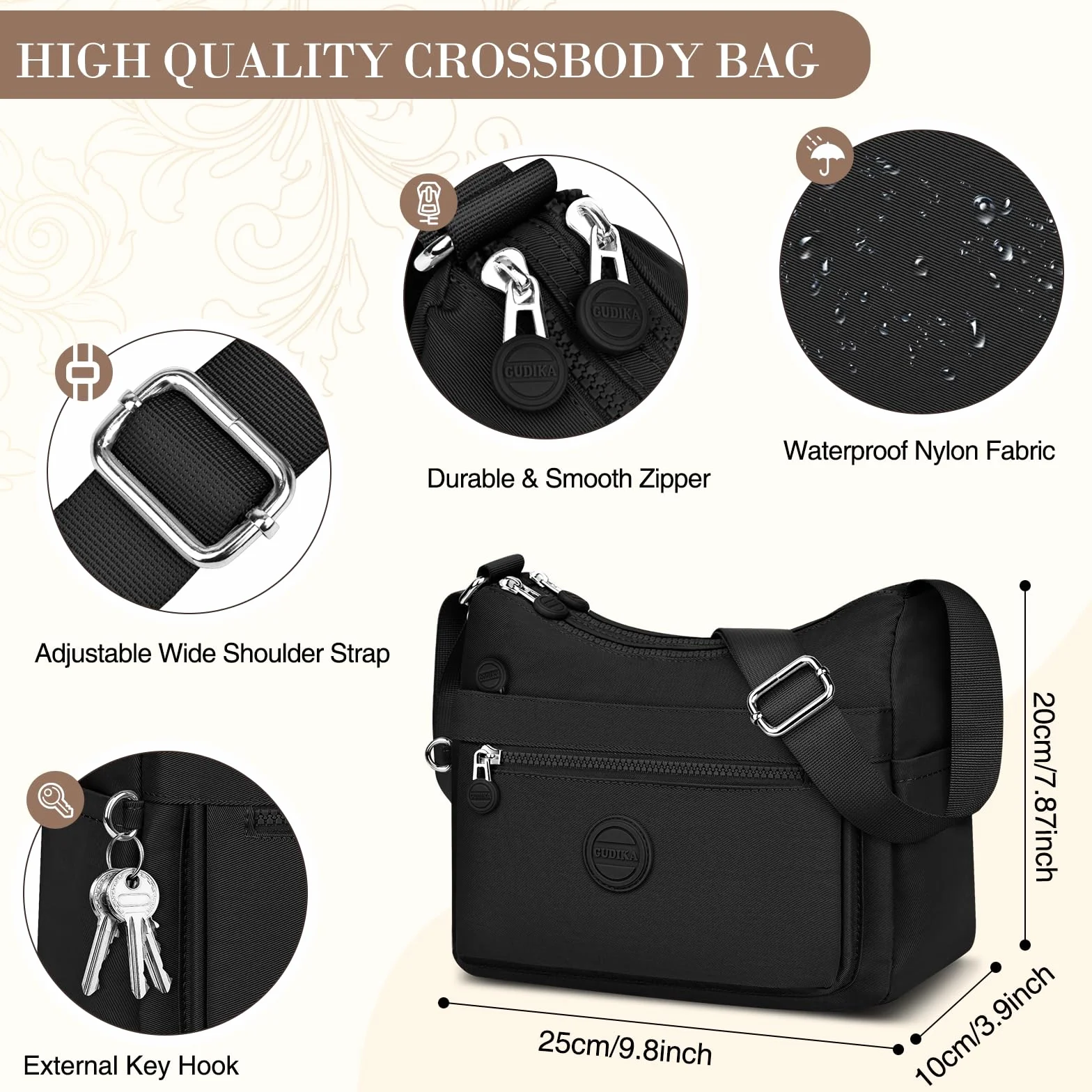Sac Bandoulière Femme Impermeable Nylon Multifonction avec Bandoulière Réglable pour Voyage École Sports