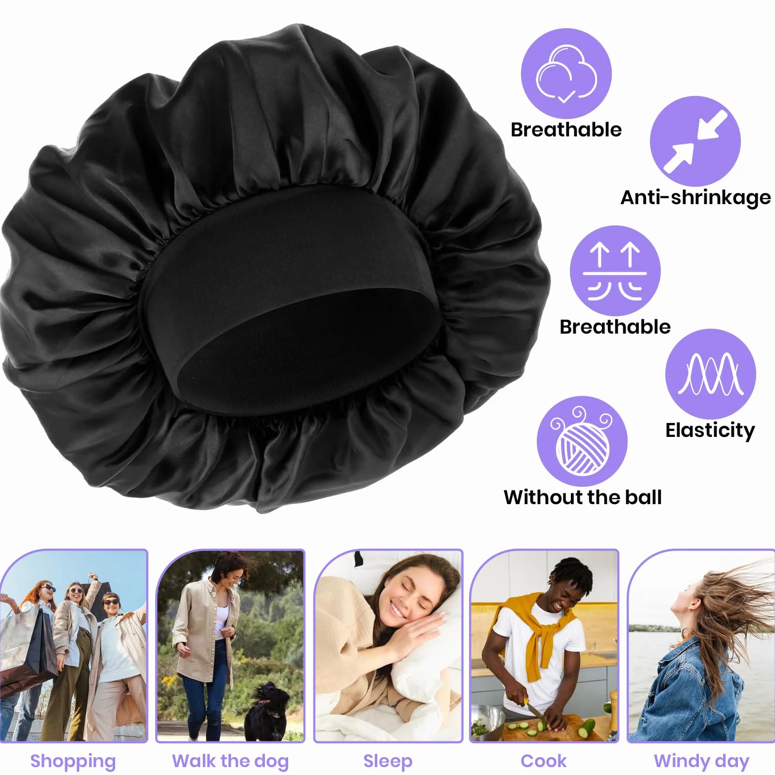 Bonnet en soie double couche élastique noir réglable pour homme femme