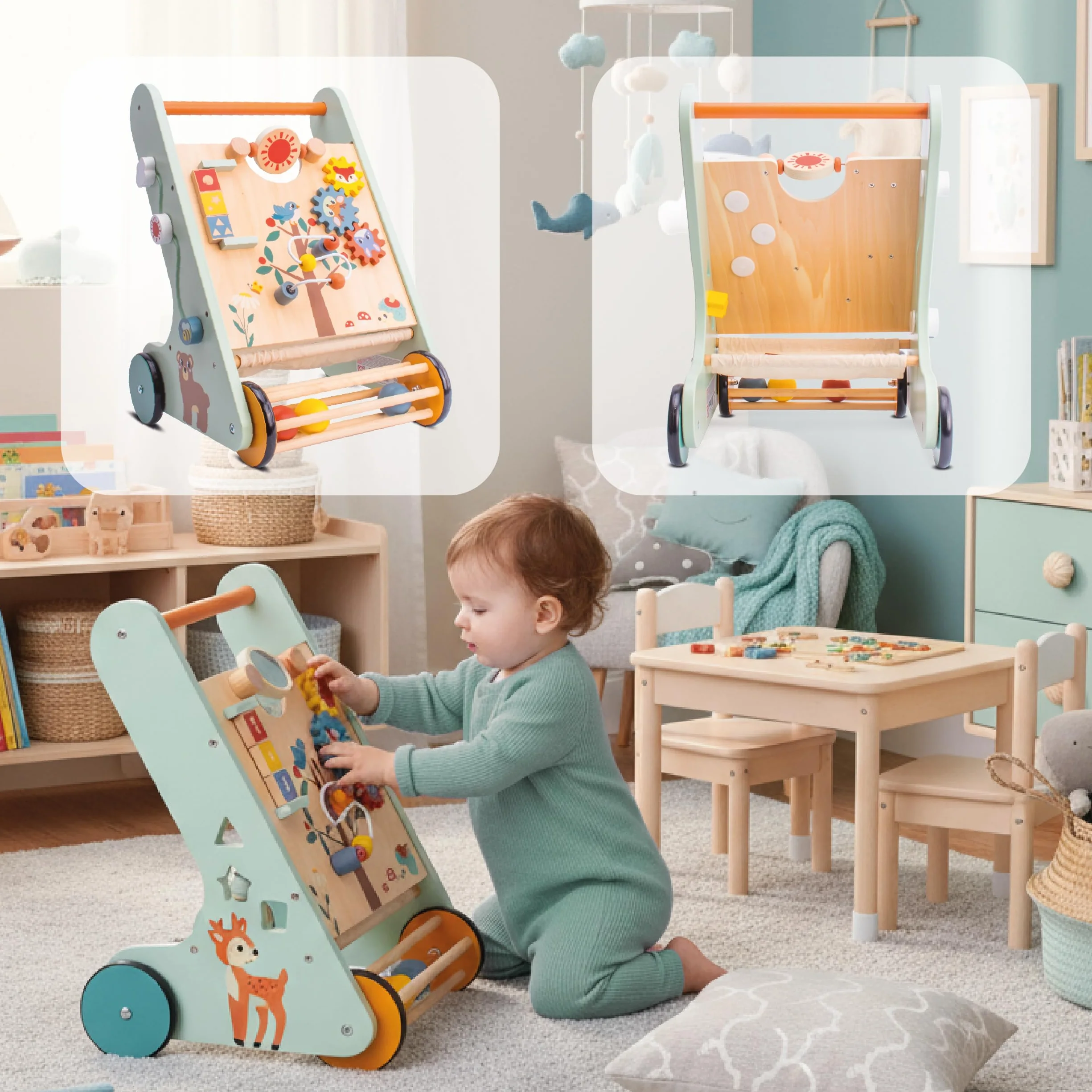 Trotteur bébé XXL en bois avec tableau d'activité, chariot de marche pour garçon et fille (Bleu)
