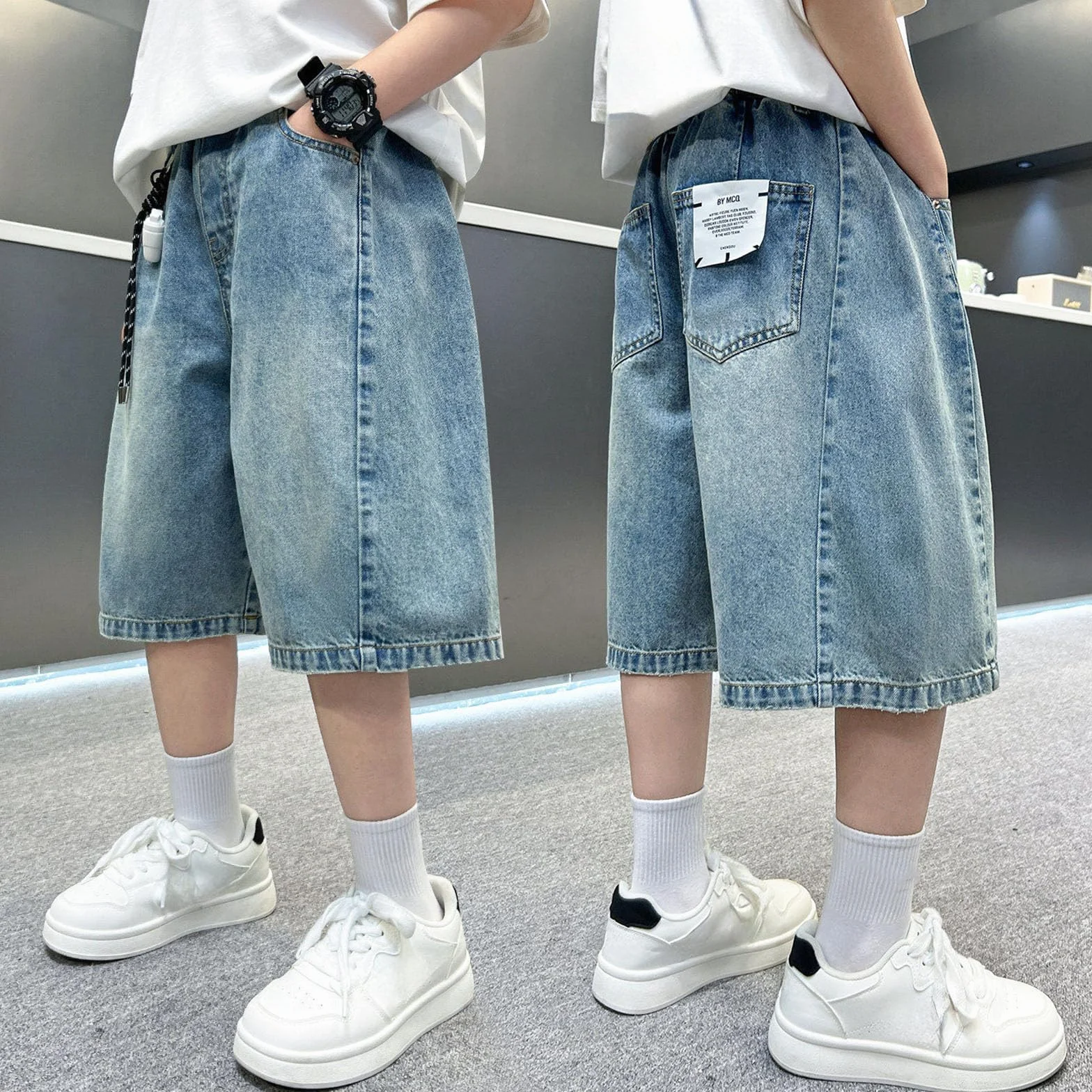Jogging Baggy Pantalon Sport Court Solide Ample Respirant Cargo Ado Garcon Taille élastique Longueur Genou Jambe Large Streetwear