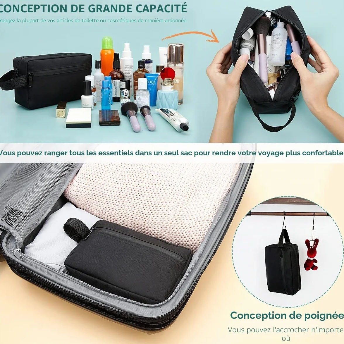 Trousse de Toilette de Voyage Pliable pour Hommes et Femmes, Sac de Rasage avec Poignée
