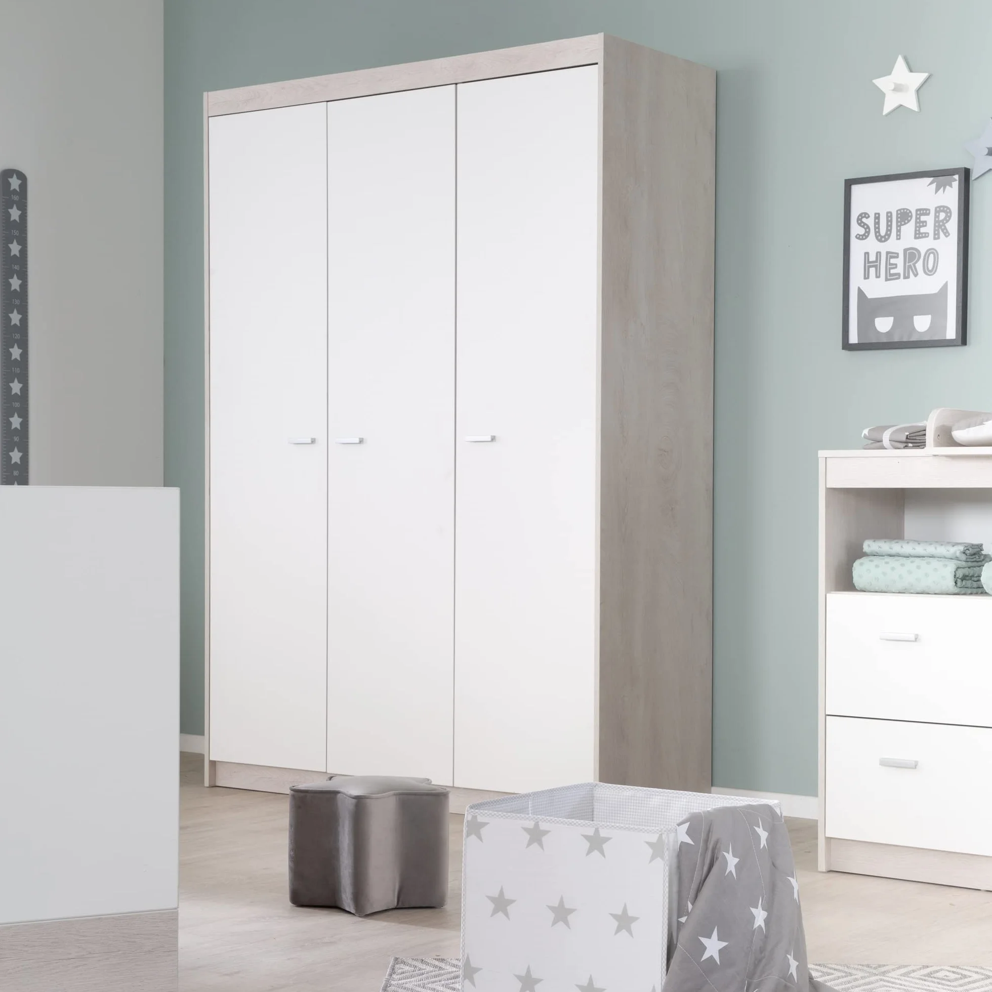Armoire Julia 3 Portes à Portes battantes Chêne Blanchi Blanc