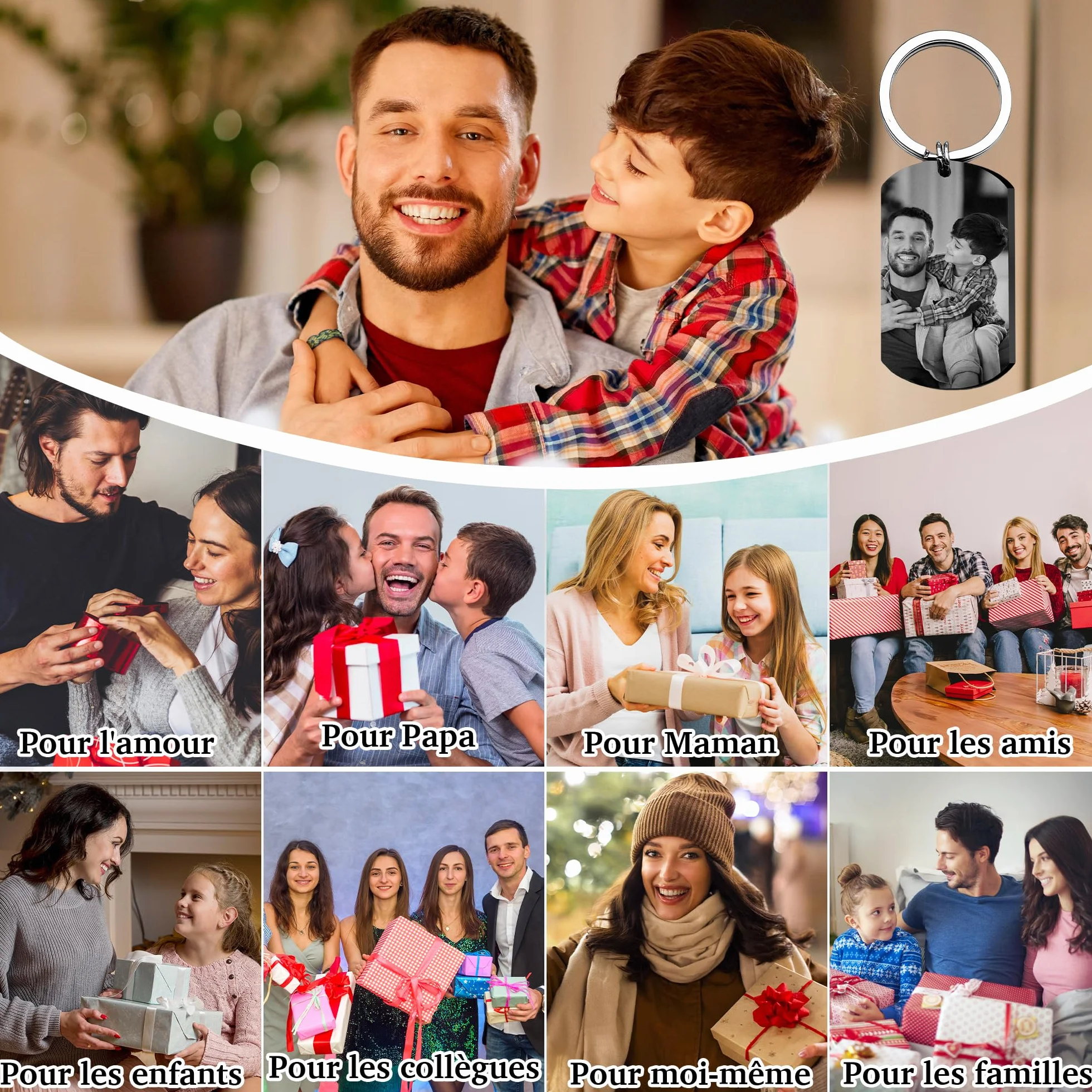 Porte-Clés Personnalisé Photo Texte Gravé Cadeau Fête des Pères Papa Homme