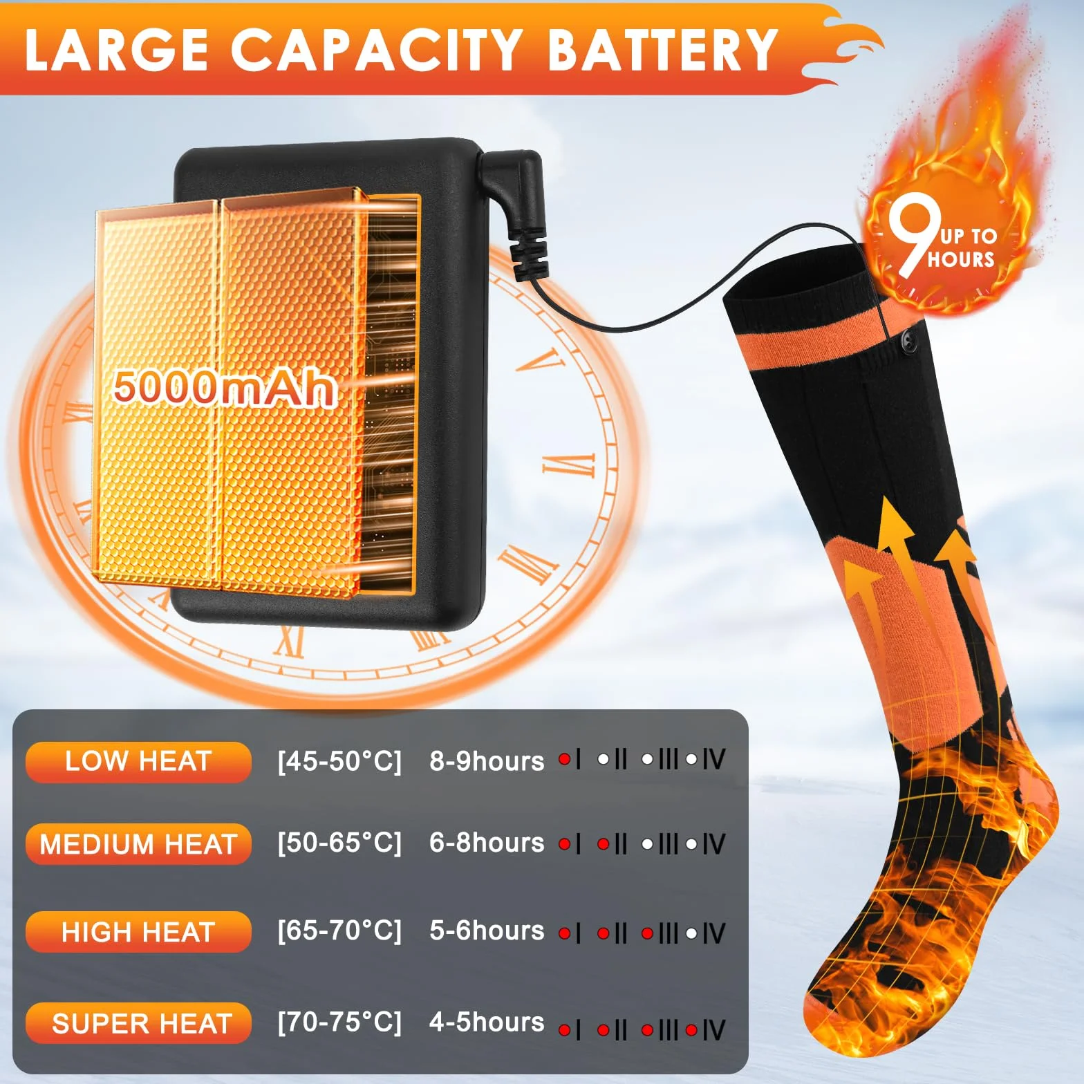 Chaussettes chauffantes rechargeables 5000 mAh homme femme ski camping télécommande application
