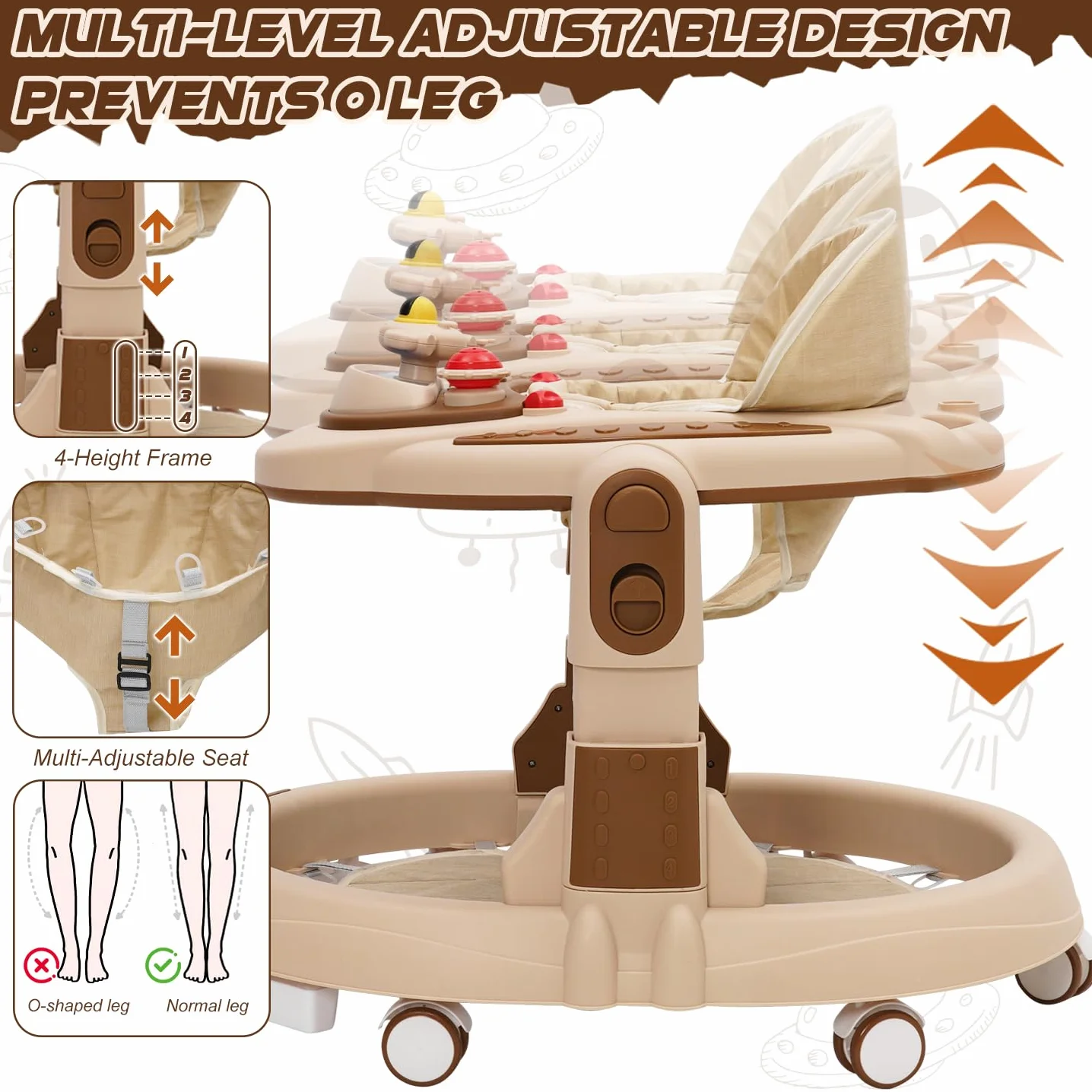 Trotteur Bébé Babywalker 4 Hauteurs Réglables Anti-renversement Roues Silencieuses 360° Plateau Repas Activités Musical Amovible 9 Mois+