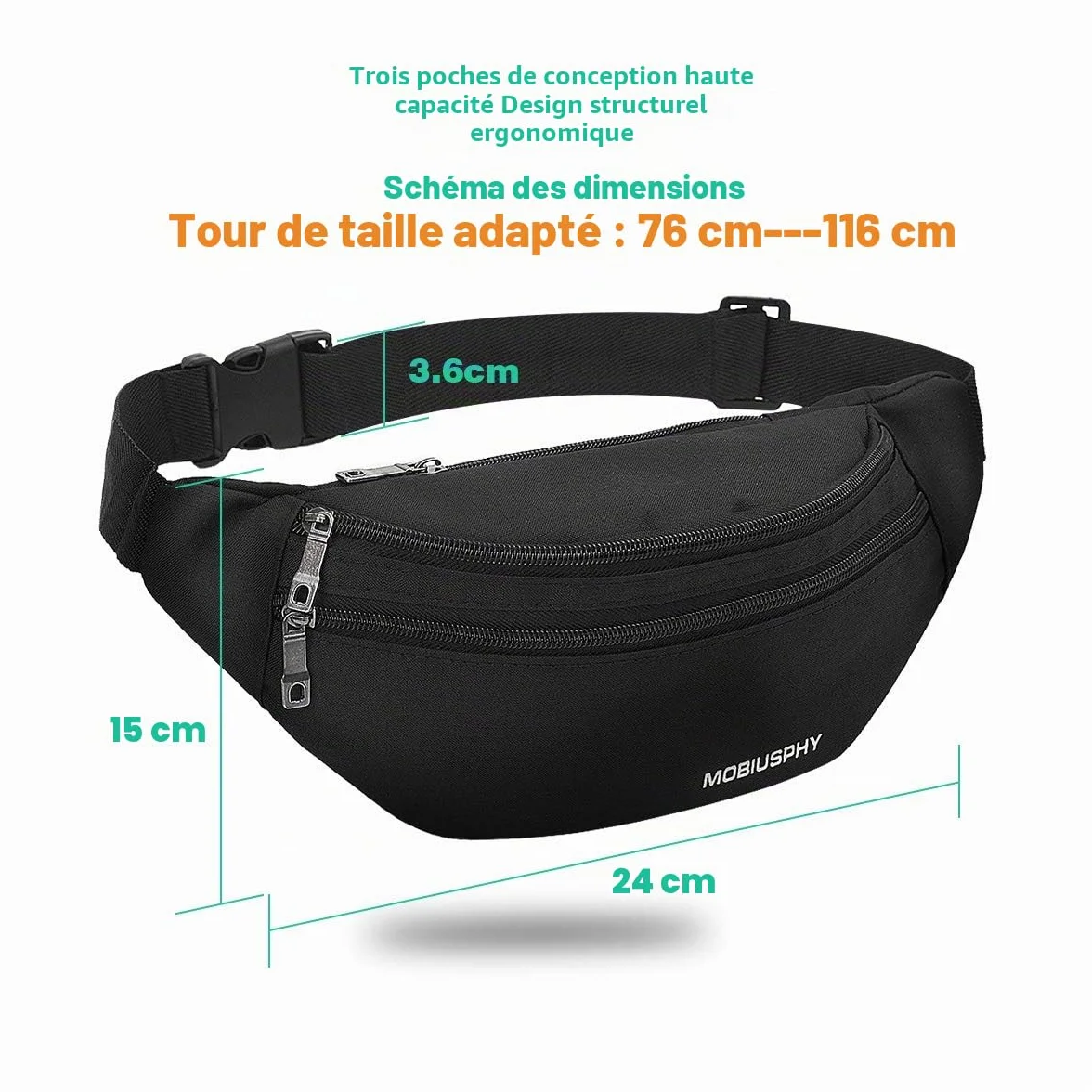 Sac à la Taille Ceinture de Course Homme Femme Sacoche Banane Etanche Réglable Cyclisme Gym Jogging Noir