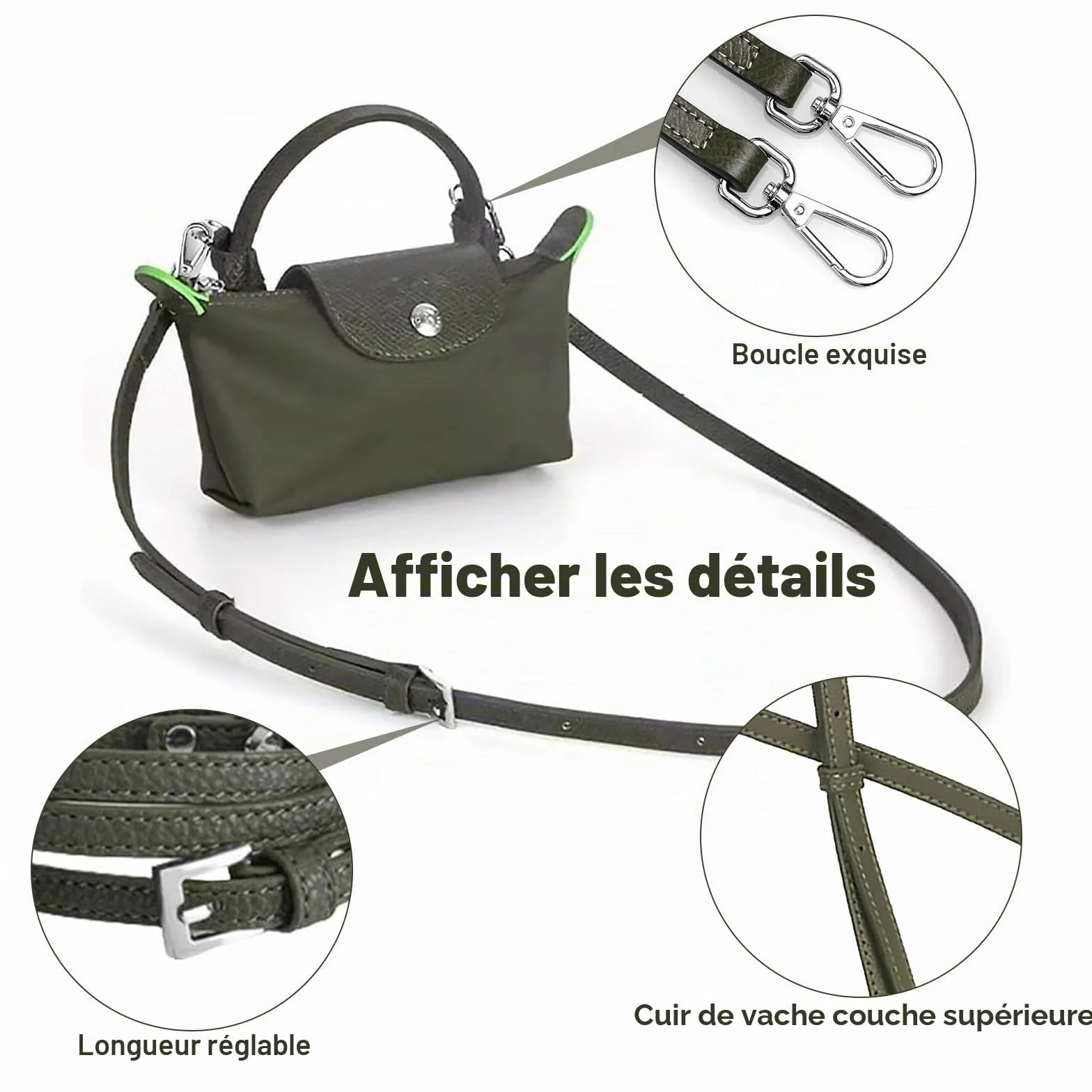Bandoulière Compatible avec Longchamp, Bandoulière Sac Réglable, Vert Foncé