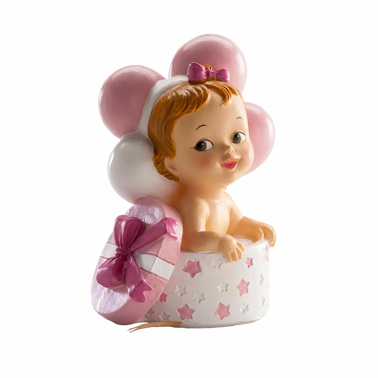 Figurine en résine Décoration Baptême Fille 10,5 cm Cake Topper Bébé avec Cadeau et Ballons