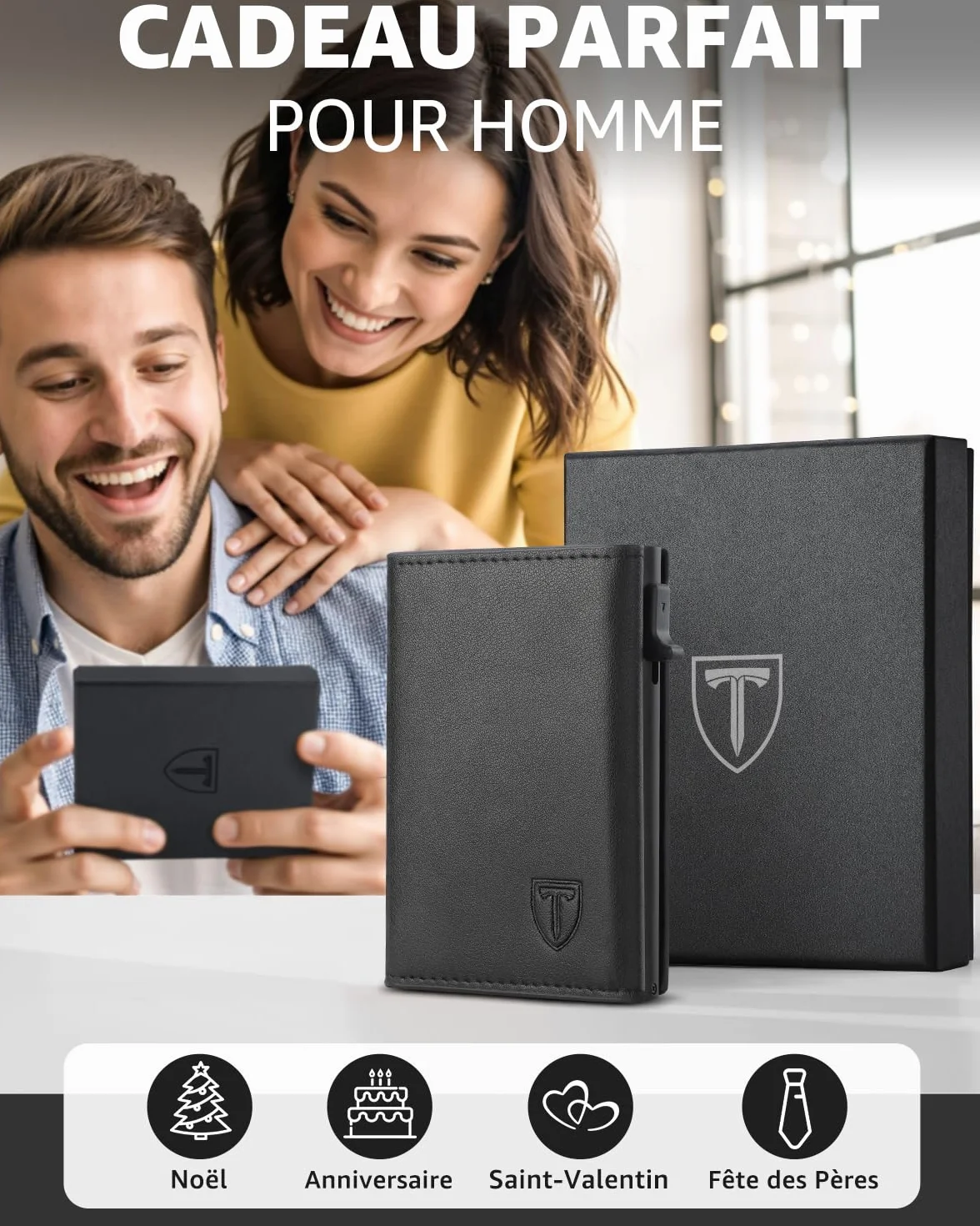 TEEHON Portefeuille Homme Cuir RFID Blocage 8 Porte Carte Crédit Compartiment Billets Poche Monnaie Noir