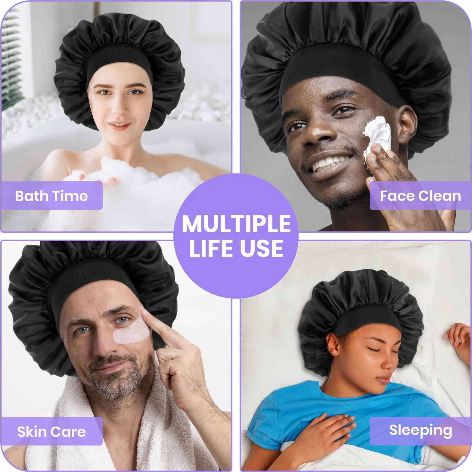 Bonnet en soie double couche élastique noir réglable pour homme femme