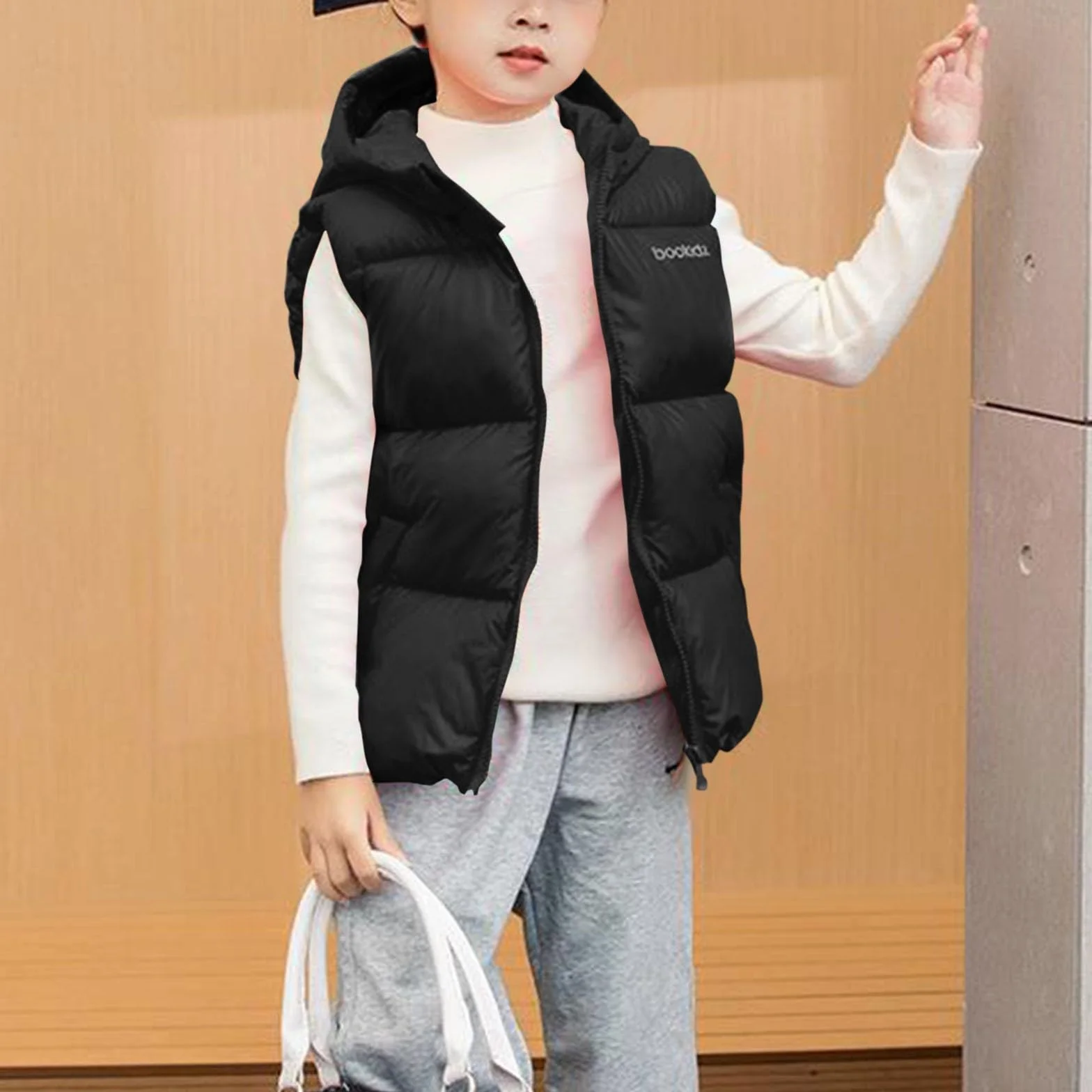 Gilet bouffant à capuche sans manches garçon chaud rembourré léger manteau thermique duvet noir 12-13 ans