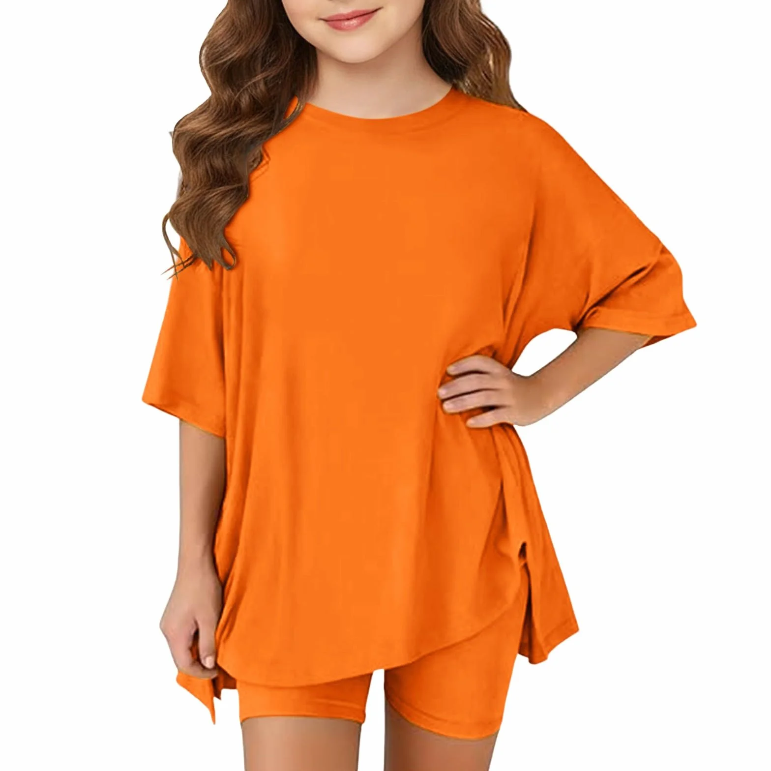 Ensemble 2 pièces fille T-shirt surdimensionné legging tenue été manches courtes short motard vêtements sport