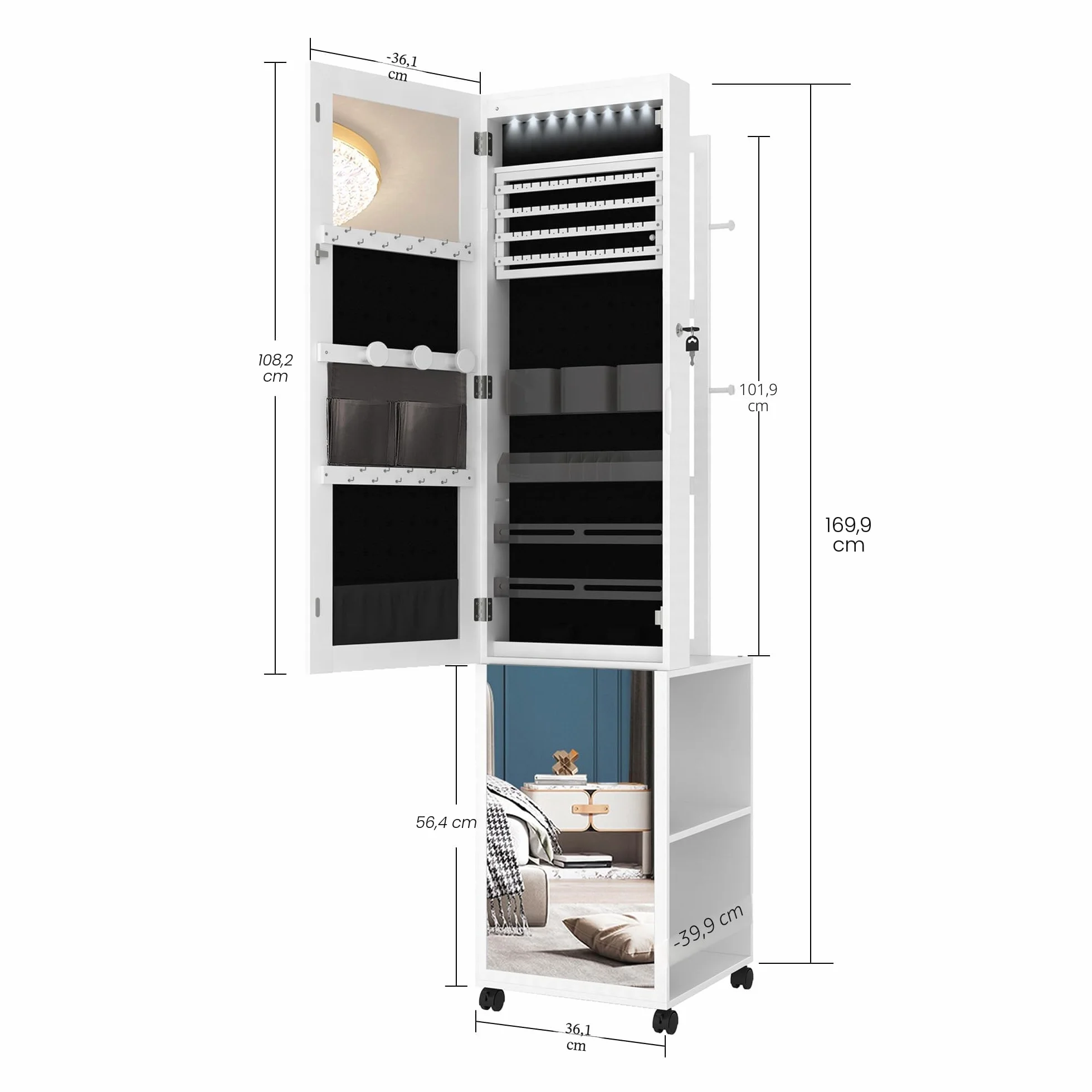 Hzuaneri Armoire à Bijoux 175cm Organisateur de Bijoux sur Pied avec Miroir Verrouillable 8 LEDs 4 Roues Blanc et Noir