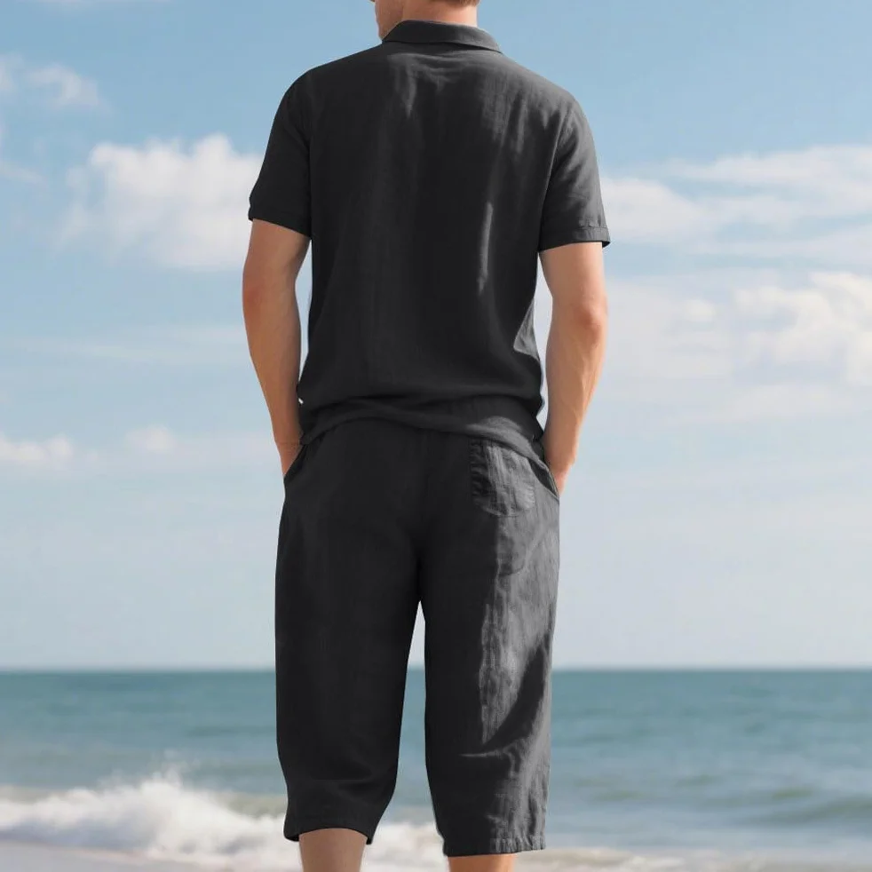 Ensemble en Lin 2 Pièce Chemise T-Shirt Manches Courtes Shorts Jogging Pantacourt 3/4 Capri Été Élastique Plage