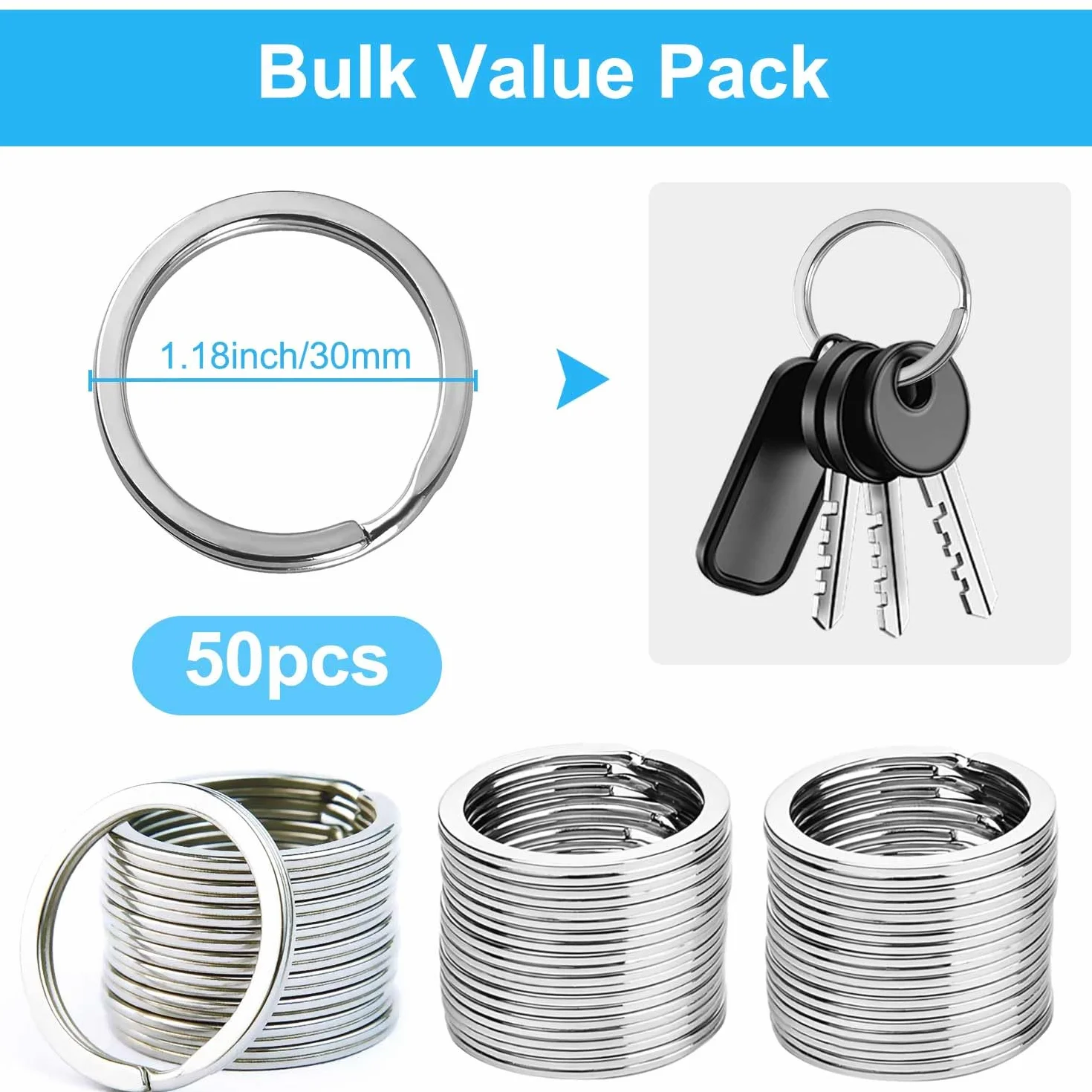 Porte-clés en Acier Inoxydable 30 mm, Lot de 50 Anneaux Porte Clés Plats et Sûrs