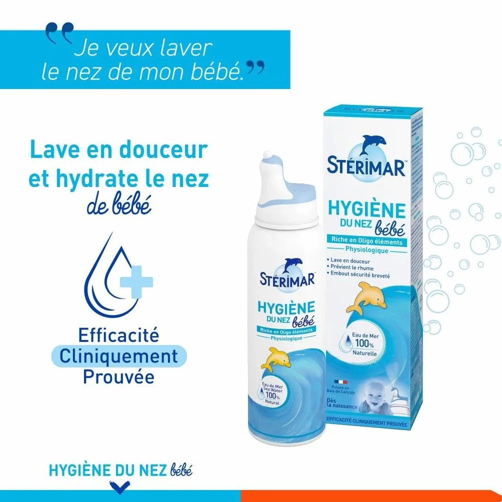 STÉRIMAR Spray Nasal Bébé 100 ml - Hygiène du Nez, Eau de Mer 100% Naturelle, Formule Physiologique