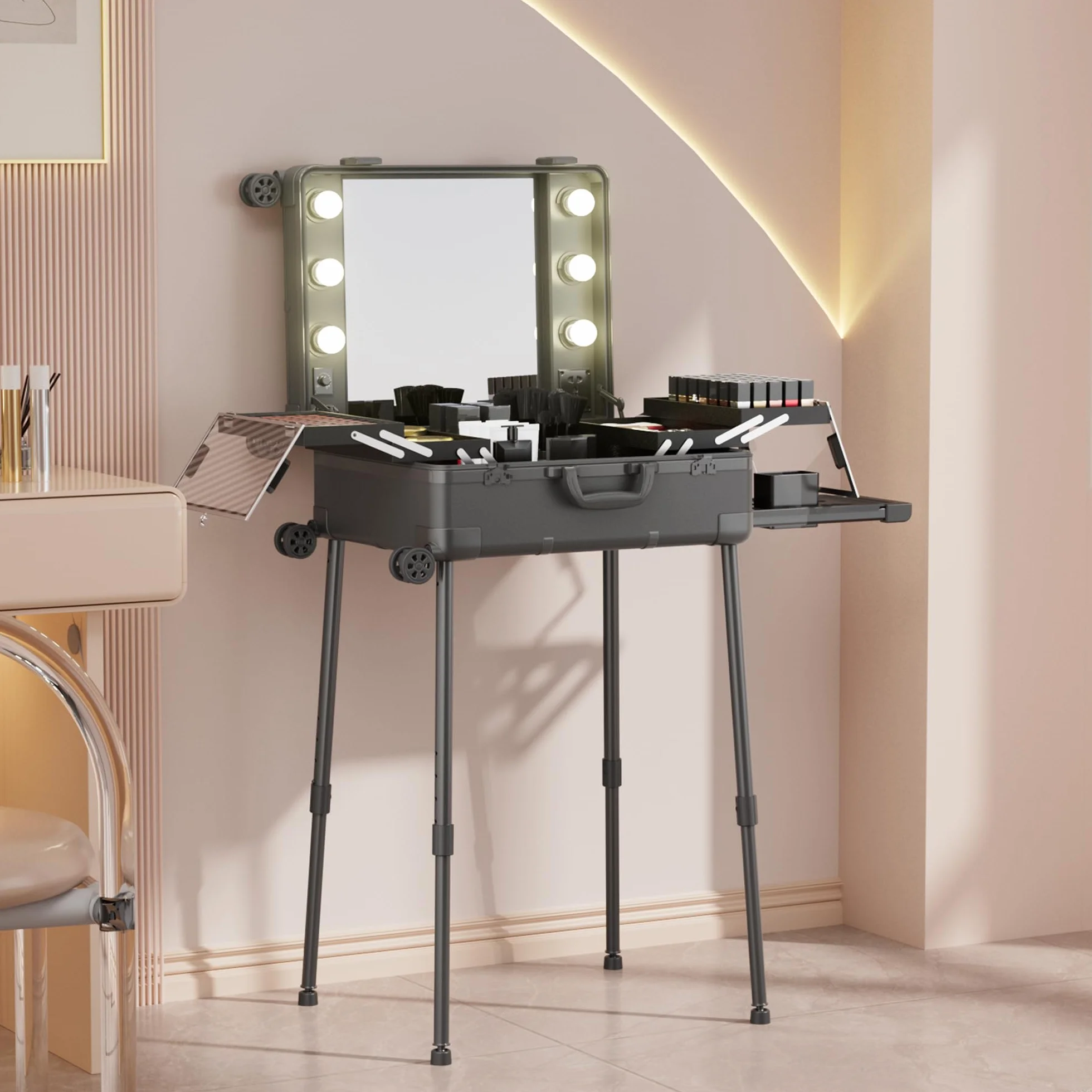 Valise de Maquillage à Roulettes en Aluminium avec Grand Miroir et Serrure à Code, Pliable pour Voyage et Studio