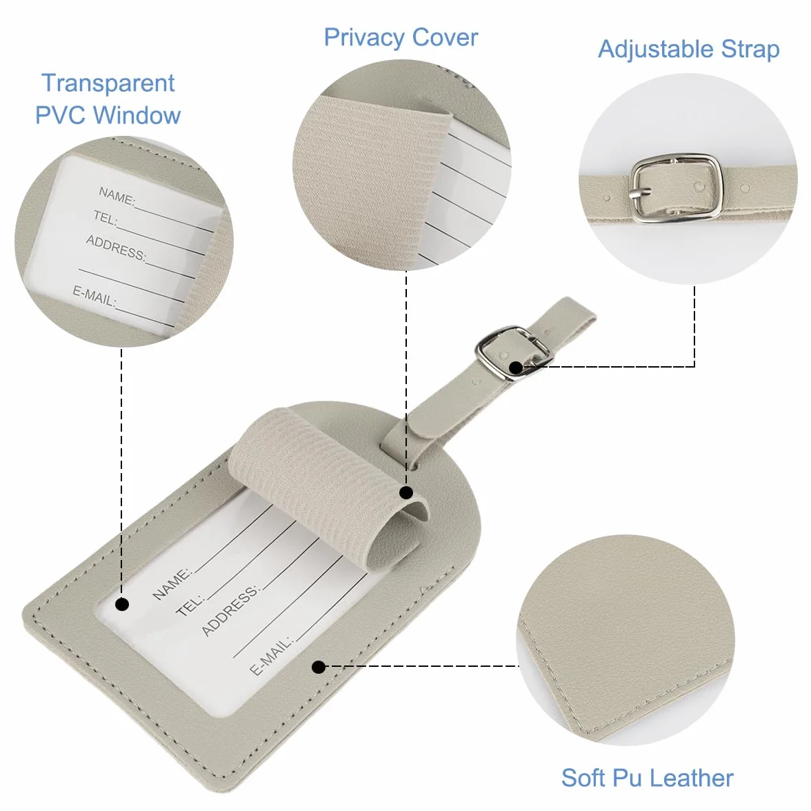 Étiquettes de Bagage en Cuir PU Imperméable avec Porte Adresse, 4 Pièces Boucle Réglable