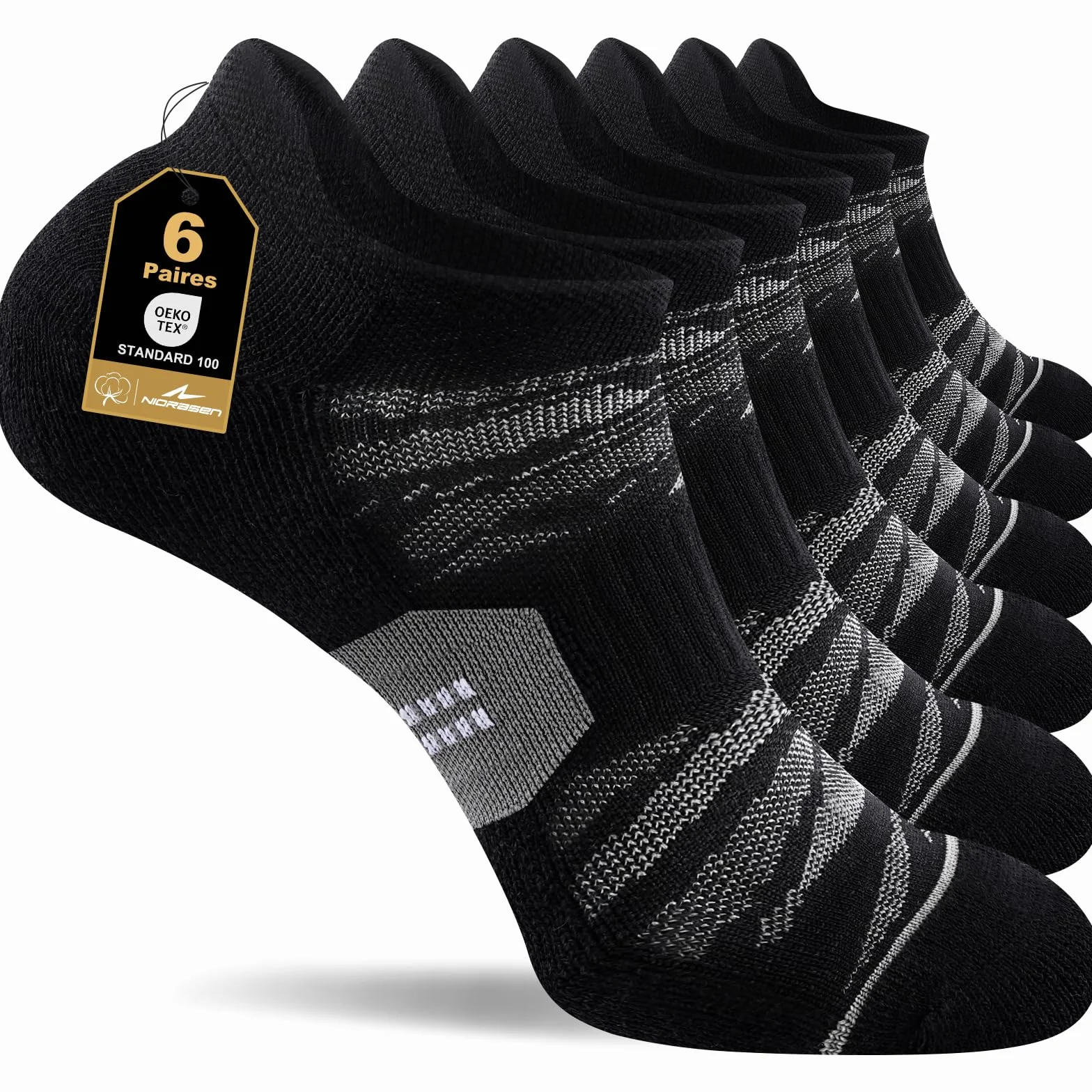 Niorasen Chaussettes de Sport Homme Femme, Chaussettes Basses Coton Respirantes Compression Légère Anti-Ampoules Lot de 6