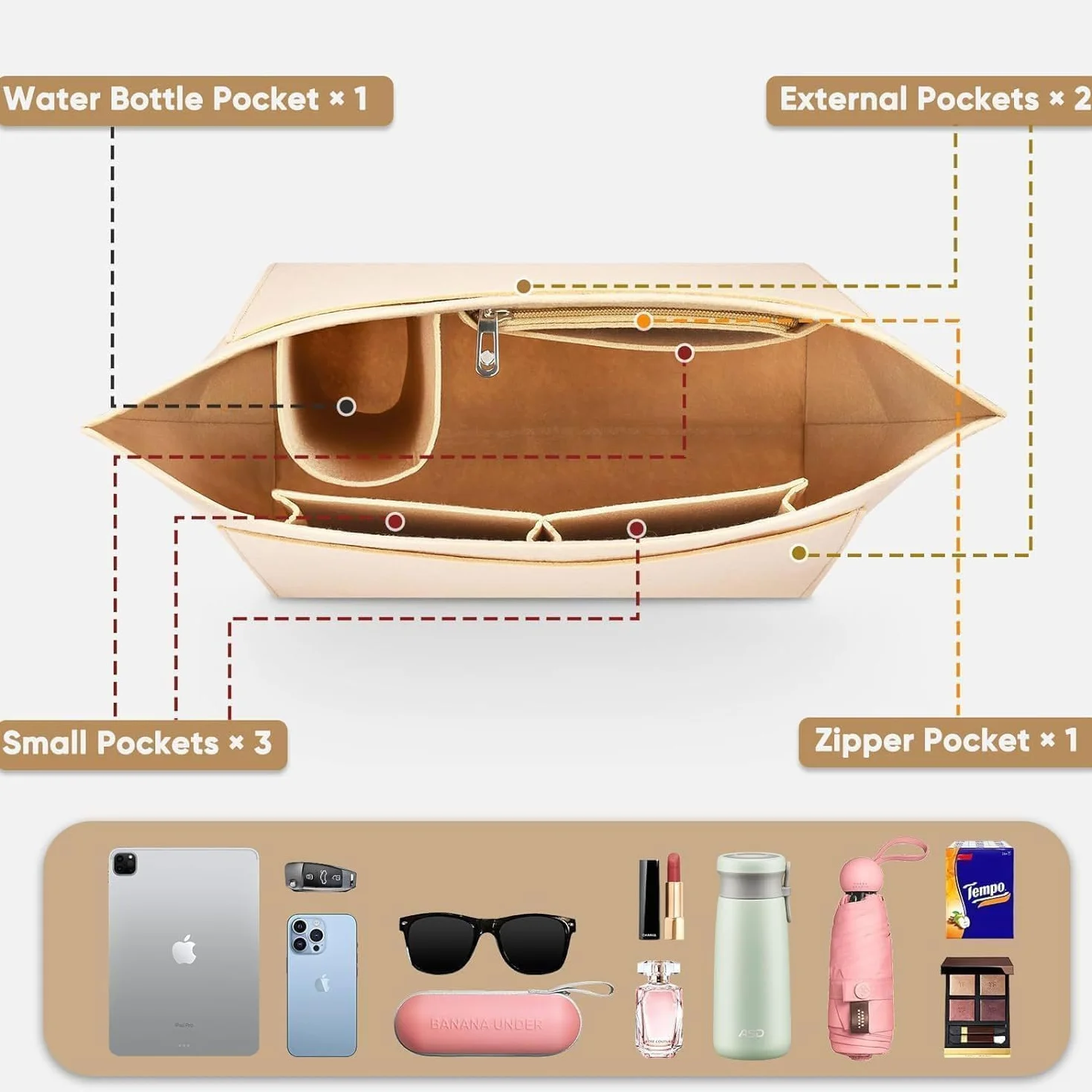 YeahBoom Organisateur de Sac pour Longchamp L, en Feutre avec Plusieurs Poches