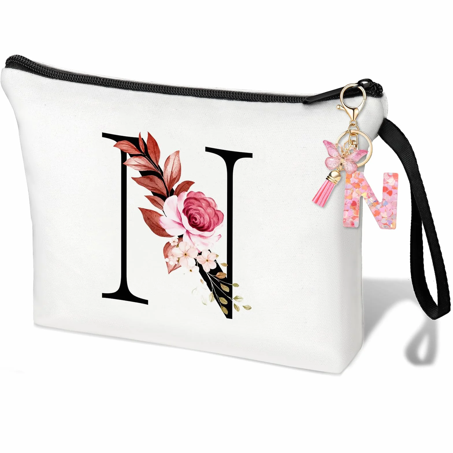 Trousse Personnalisée Maquillage Porte-Clés Lettre Rose pour Femmes Fille Maman Noël Anniversaire N