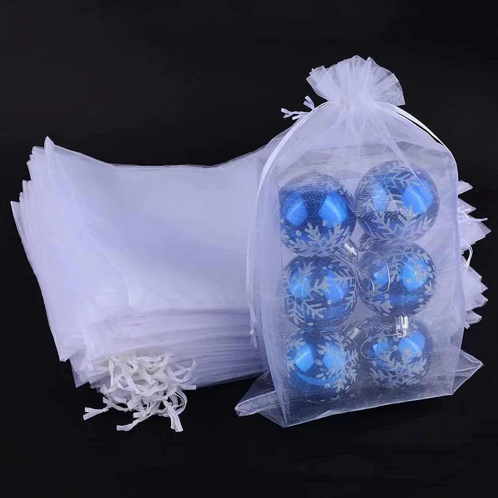 Sacs Organza 20x30cm Pochettes Cadeau avec Cordon de Serrage Blanc 100pcs
