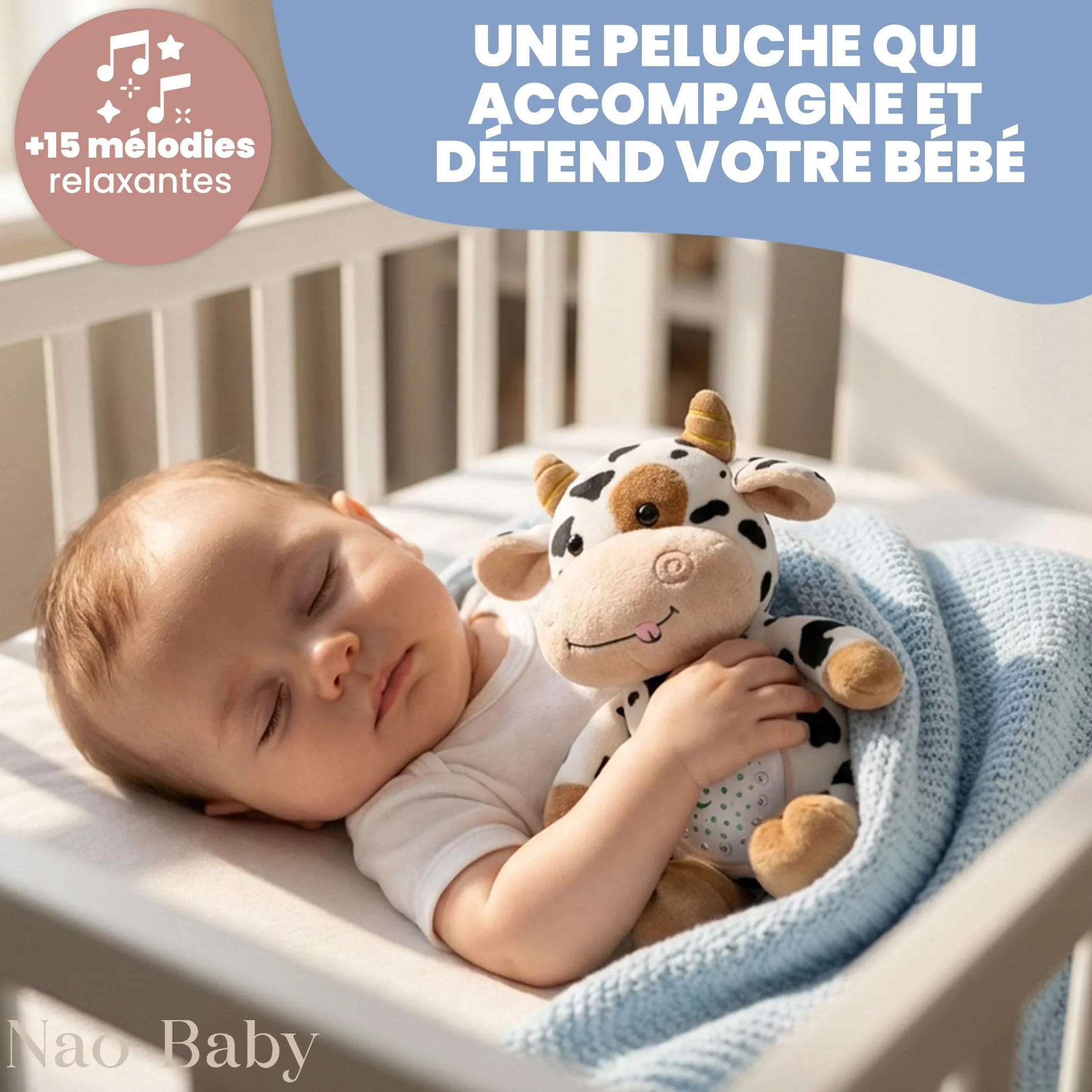 Peluche Bruit Blanc Bébé Veilleuse Musicale – 15 Mélodies avec Détecteur de Pleurs et Minuterie – Rechargeable USB – Cadeau Naissance