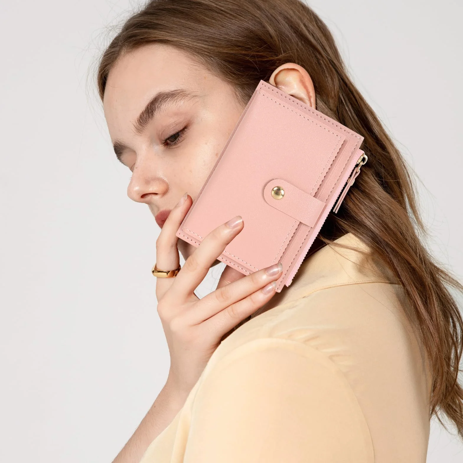 Portefeuille Femme Cuir Mini Porte Cartes avec Fermeture éclair 14x9x0.5cm Rose