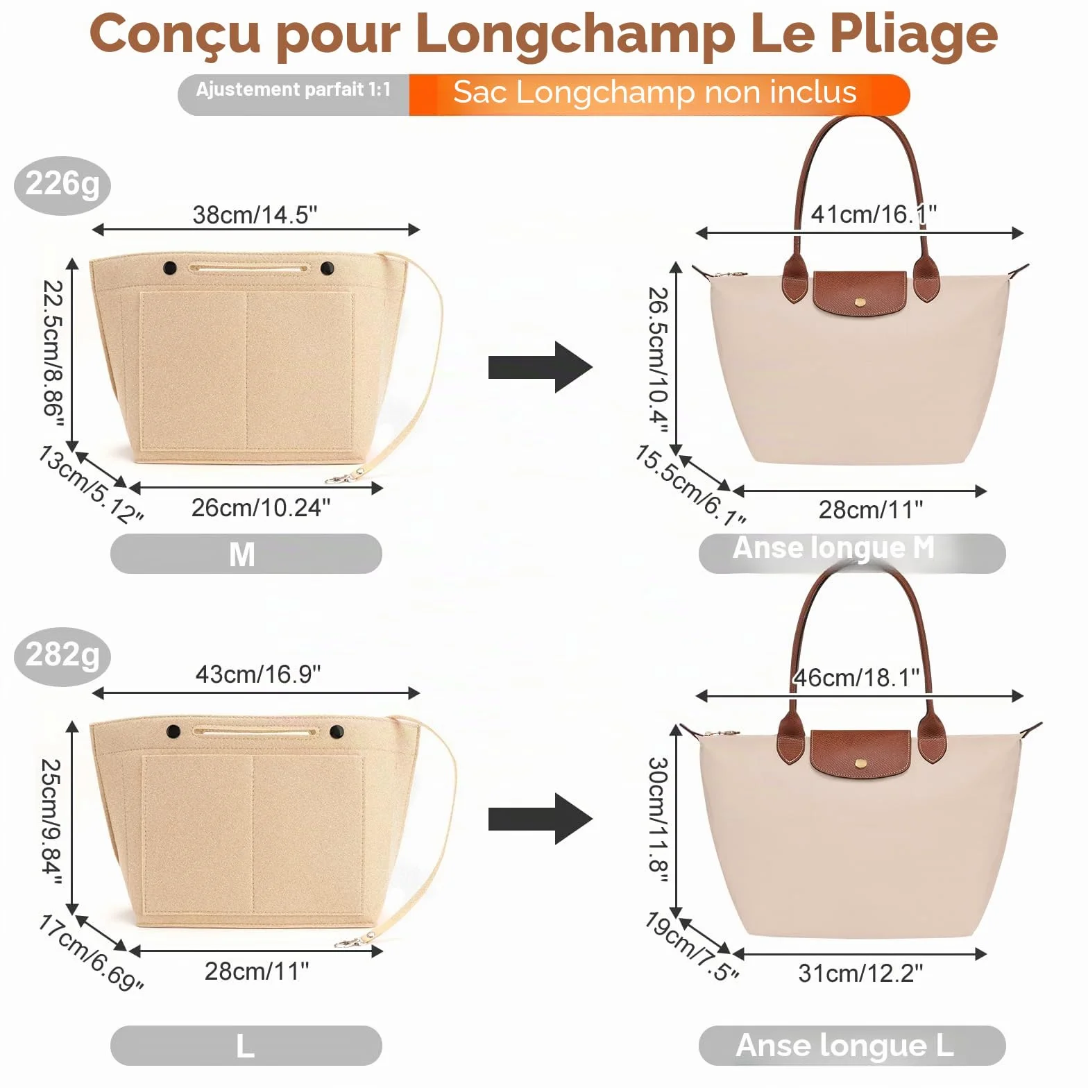 Organiseur de sac Longchamp M, feutre, rangement Le Pliage poches multifonctionnelles grand volume