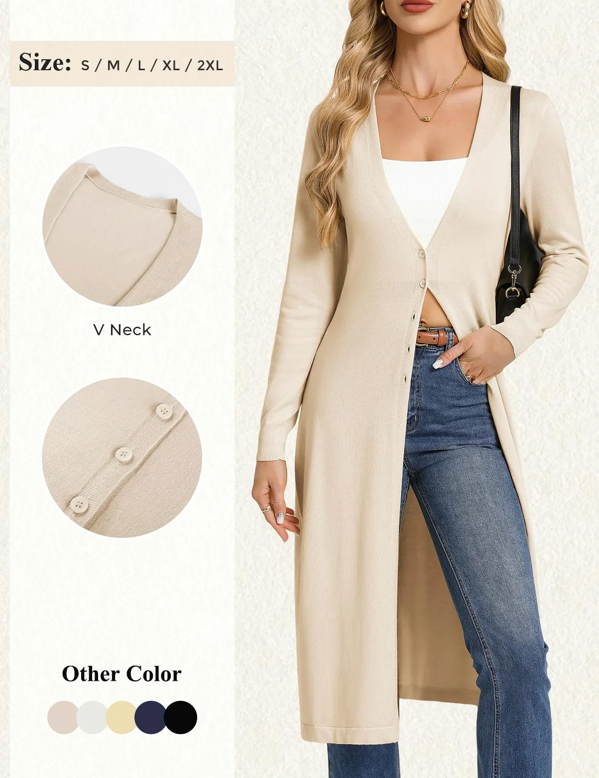 GRACE KARIN Cardigan long et léger pour femme avec col en V élégant et boutons