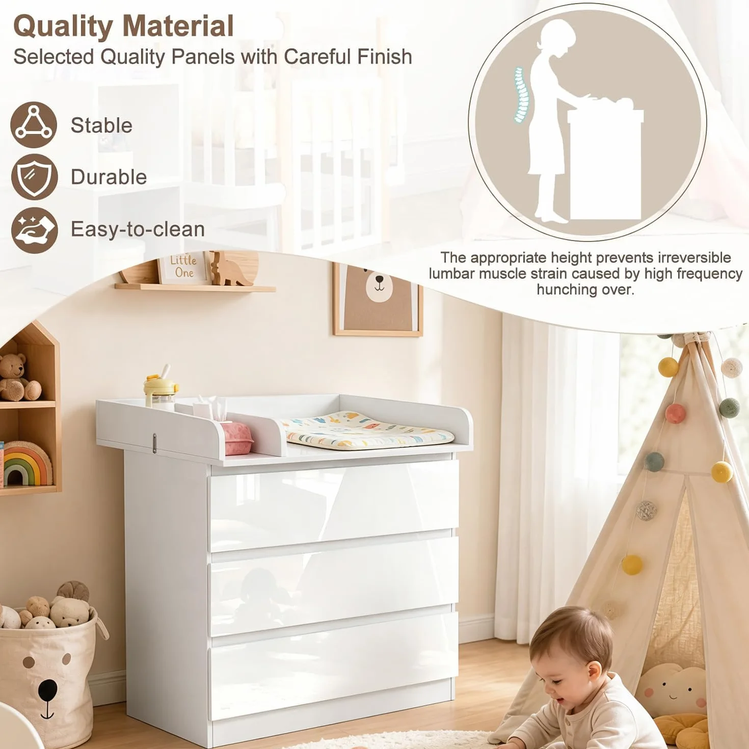 WOLTU Table à Langer Commode 3 Tiroirs Meuble Bébé Bois d'Ingénierie Blanc Brillant 40x80x78cm