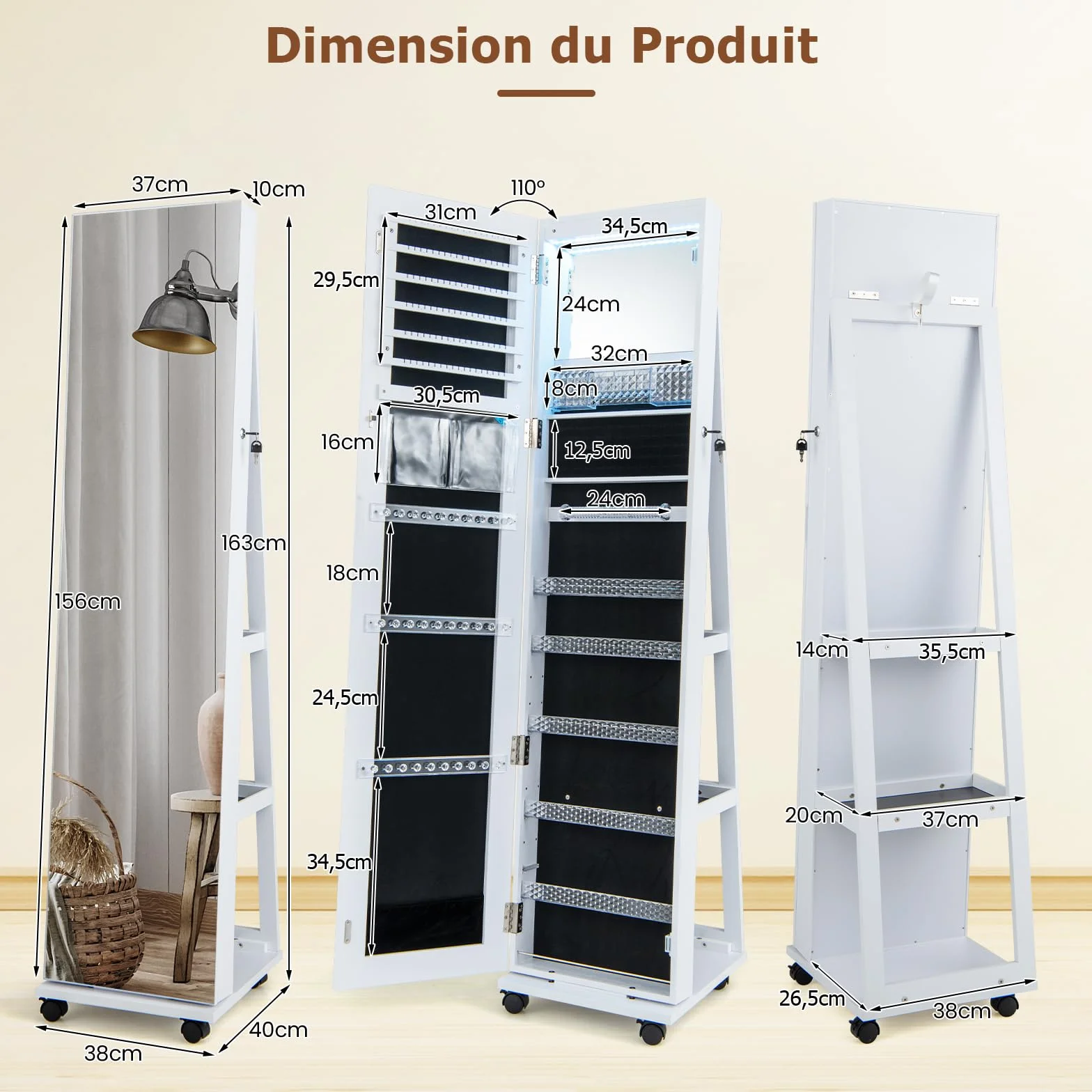 RELAX4LIF Armoire à Bijoux Roulettes 360º Miroir Pleine Longueur LED 5 Étagères Réglables Blanc