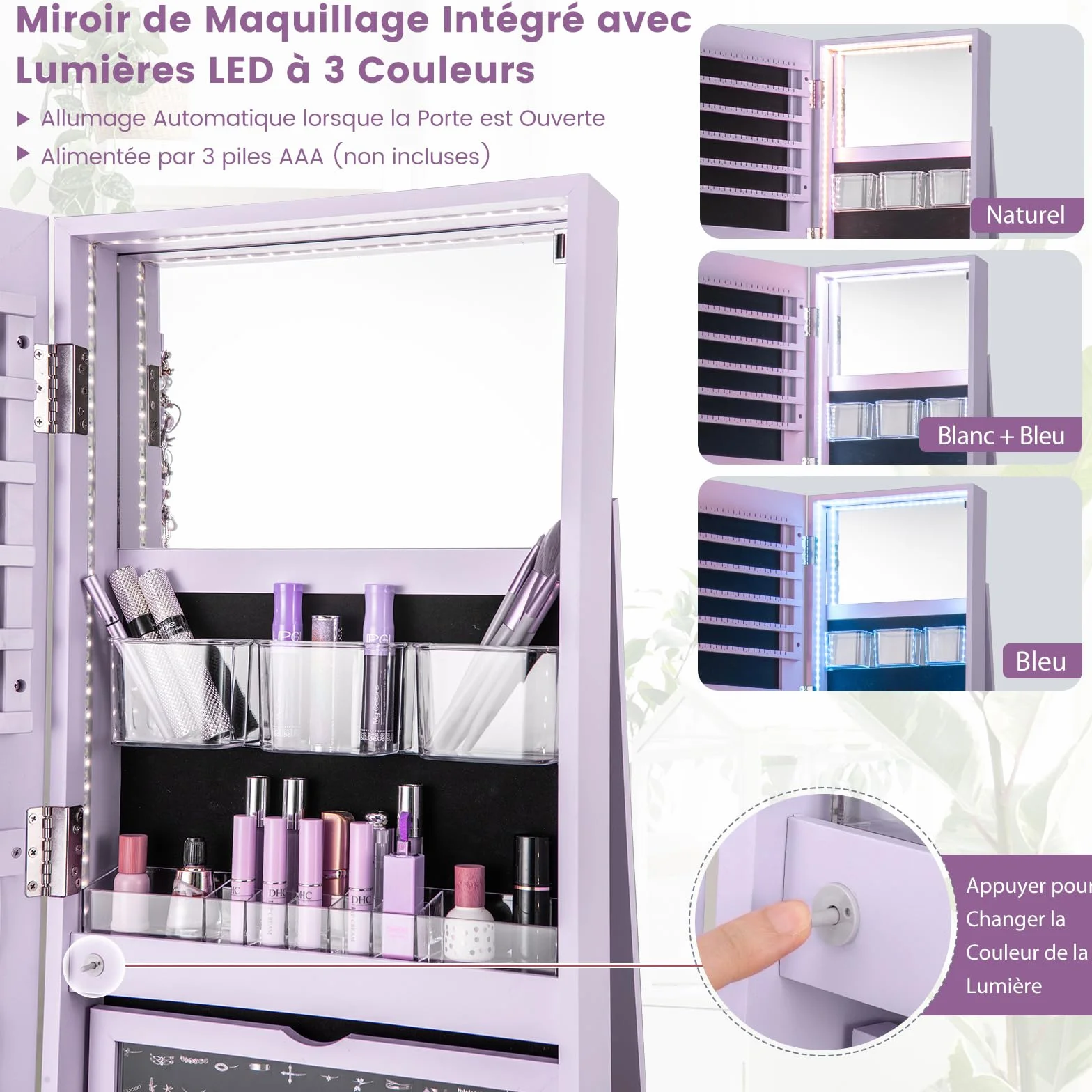 COSTWAY Armoire à Bijoux Pivotante 360° avec Miroir Pleine Longueur et Lumières LED 3 Couleurs, Style Nordique Violet