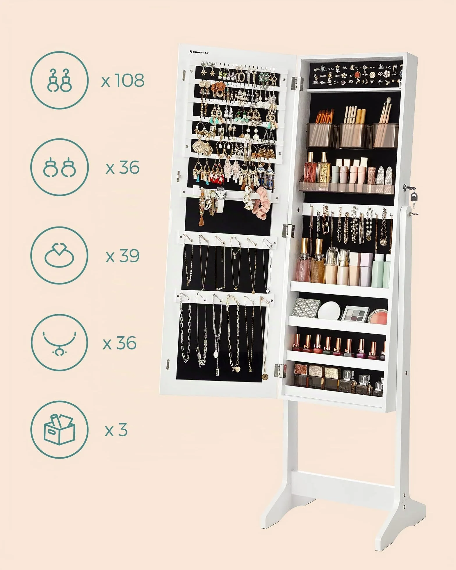SONGMICS JJC002W01 Armoire à bijoux avec miroir, debout, verrouillable, blanc