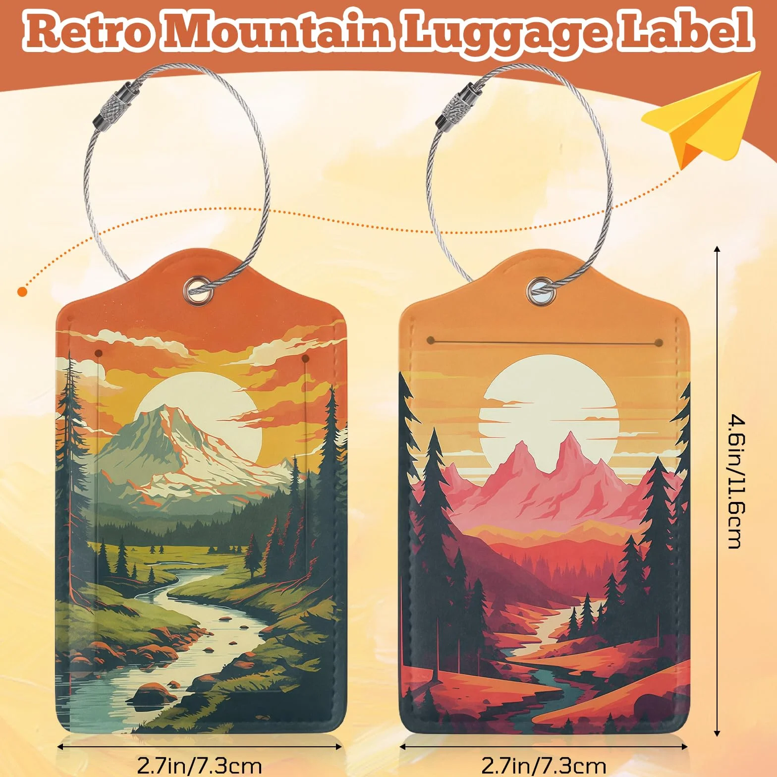 Étiquettes de Bagage Vintage Montagne en Cuir avec Protection de Confidentialité et Œillet en Acier, 2 Pièces