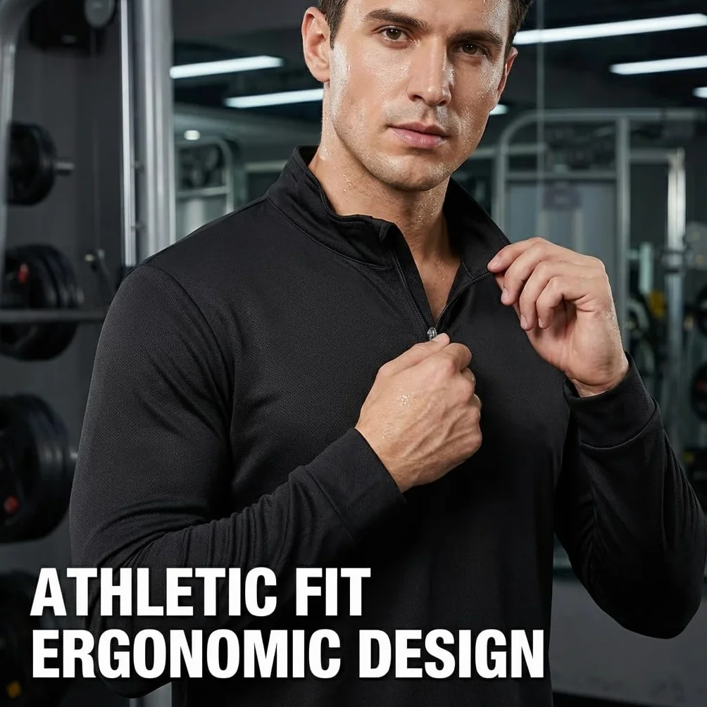 Homme 1/4 Zip Manches Longues Col Montant Séchage Rapide Tops Course Respirant Sport Maillot Haut