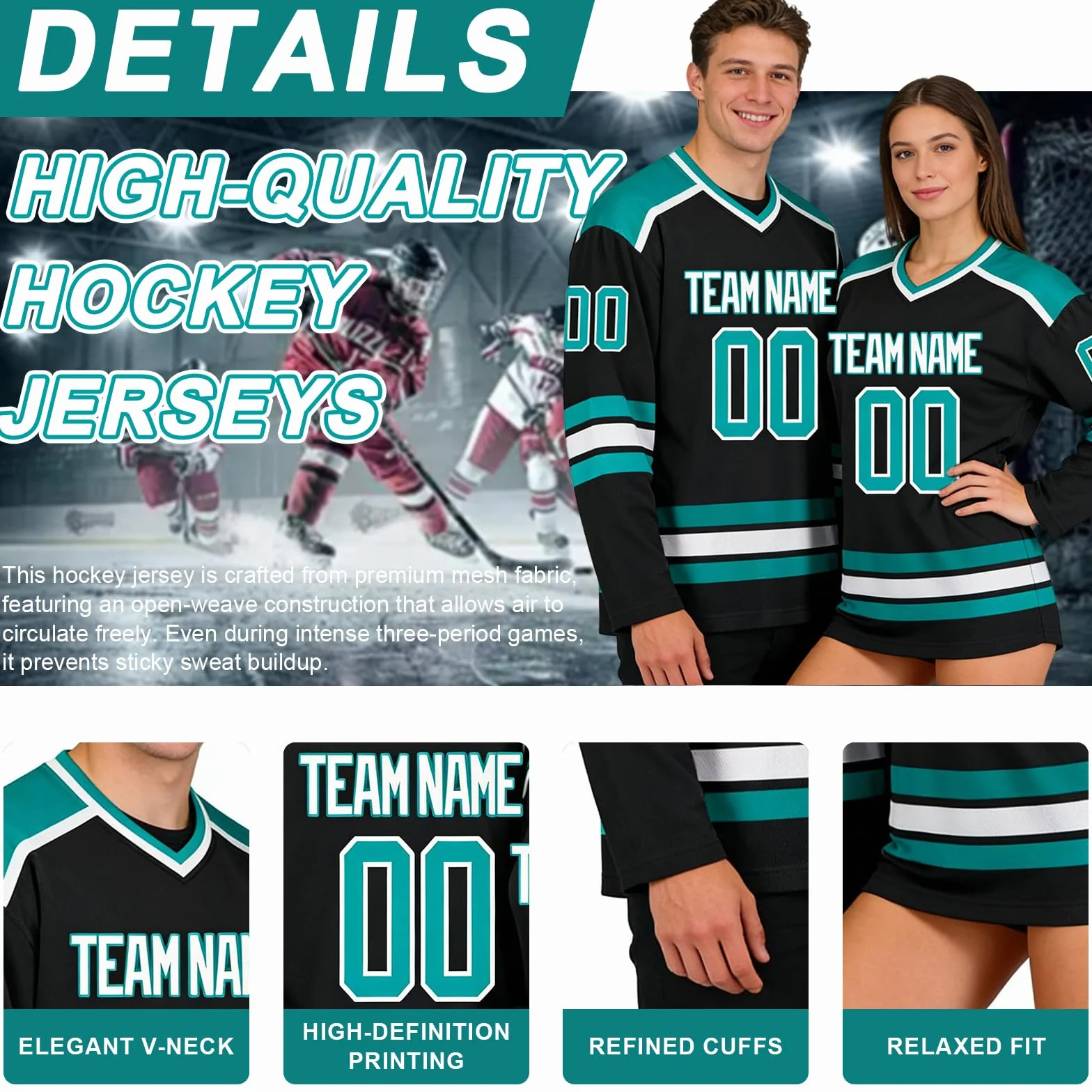 Maillot de Hockey Personnalisable Nom d'Équipe Tissu Respirant Maillé Hommes