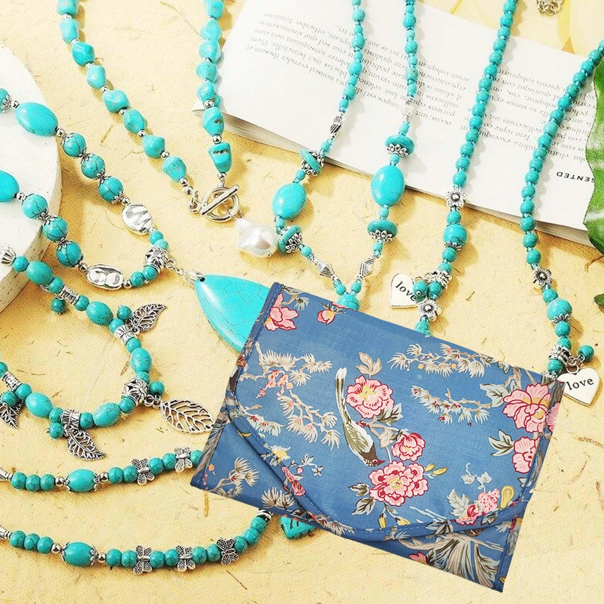 Pochette Rouleaux Bijoux Pliable Organisateur Rangement Bijoux Portable Plusieurs Compartiments Boucles d'Oreilles Colliers Bagues Bracelets (Floral, L)