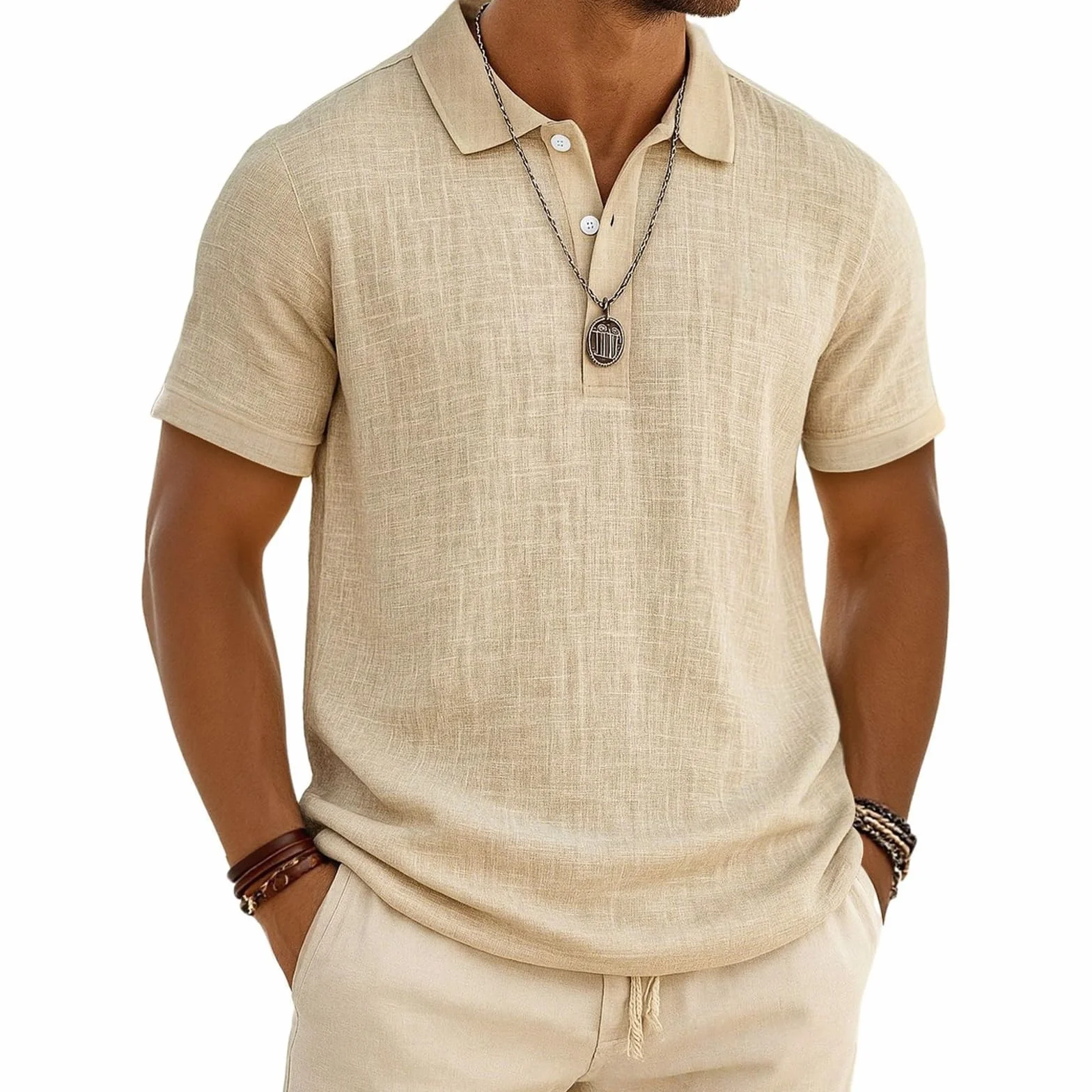 Polo Homme Manches Courtes Lin Bambou Col Rabattu Respirant Golf