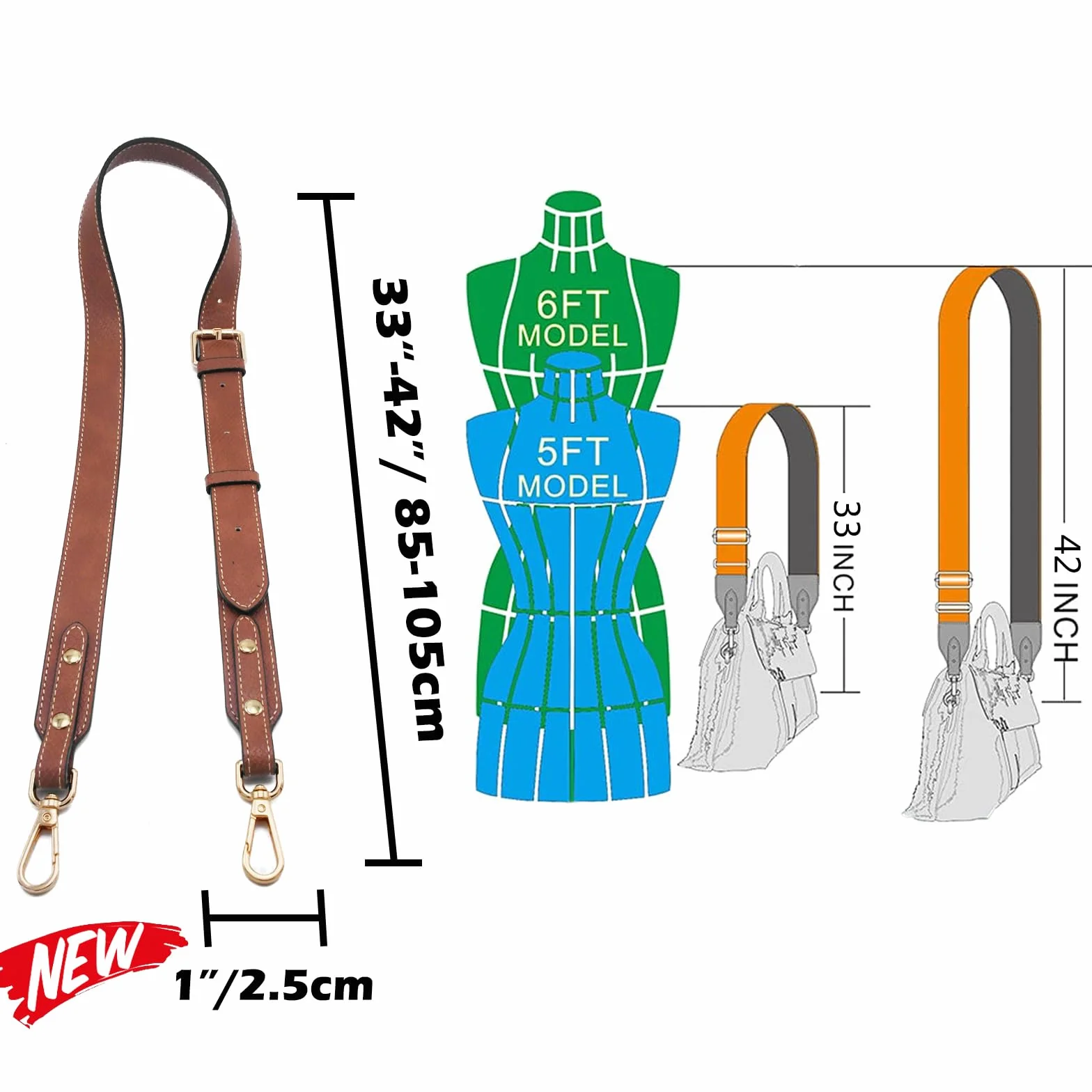 Sangle Sac Bandoulière Remplacement Réglable 2.5cm Brown Gold