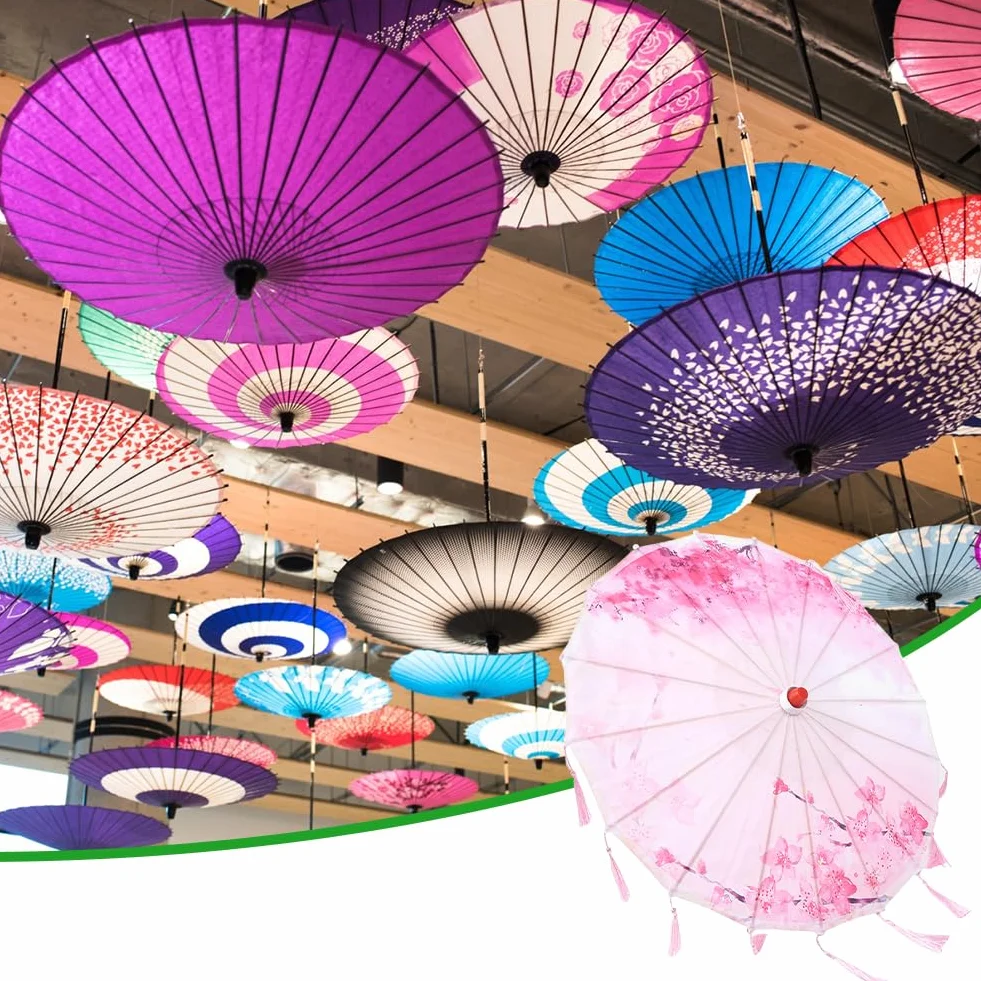 Parapluie à Pompon en Soie, Parasol en Soie de Bambou Chinois avec Glands, Parapluie de Danse Classique Imperméable pour Mariage (Rose)
