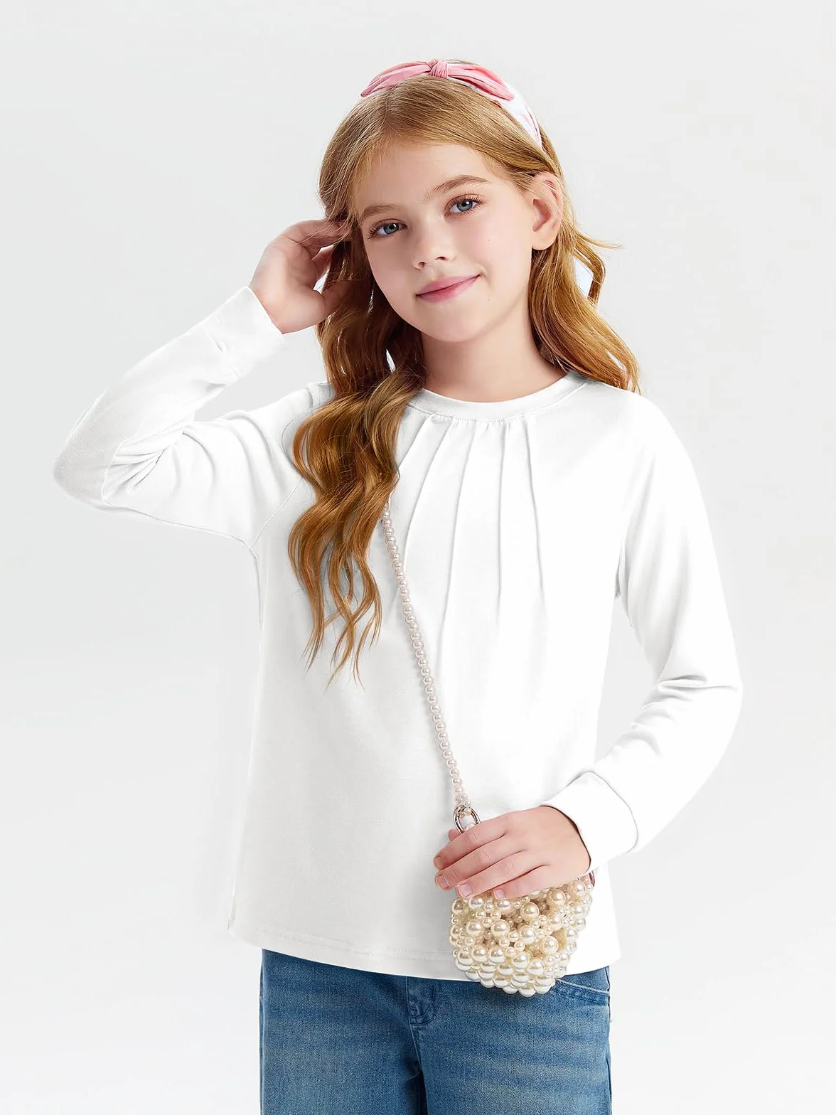 T-shirt à manches longues pour fille Col rond Couleur unie