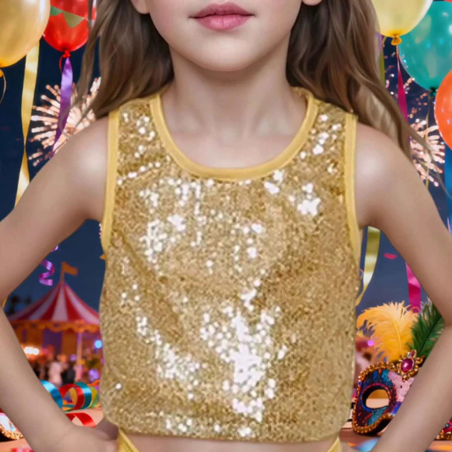 Crop Top Danse Paillettes Enfant Gilet sans Manches T-Shirt Danse Latine Moderne Jazz Gymnastique Dos Nu Col Ronde Disco Hip Hop 3-8 Ans