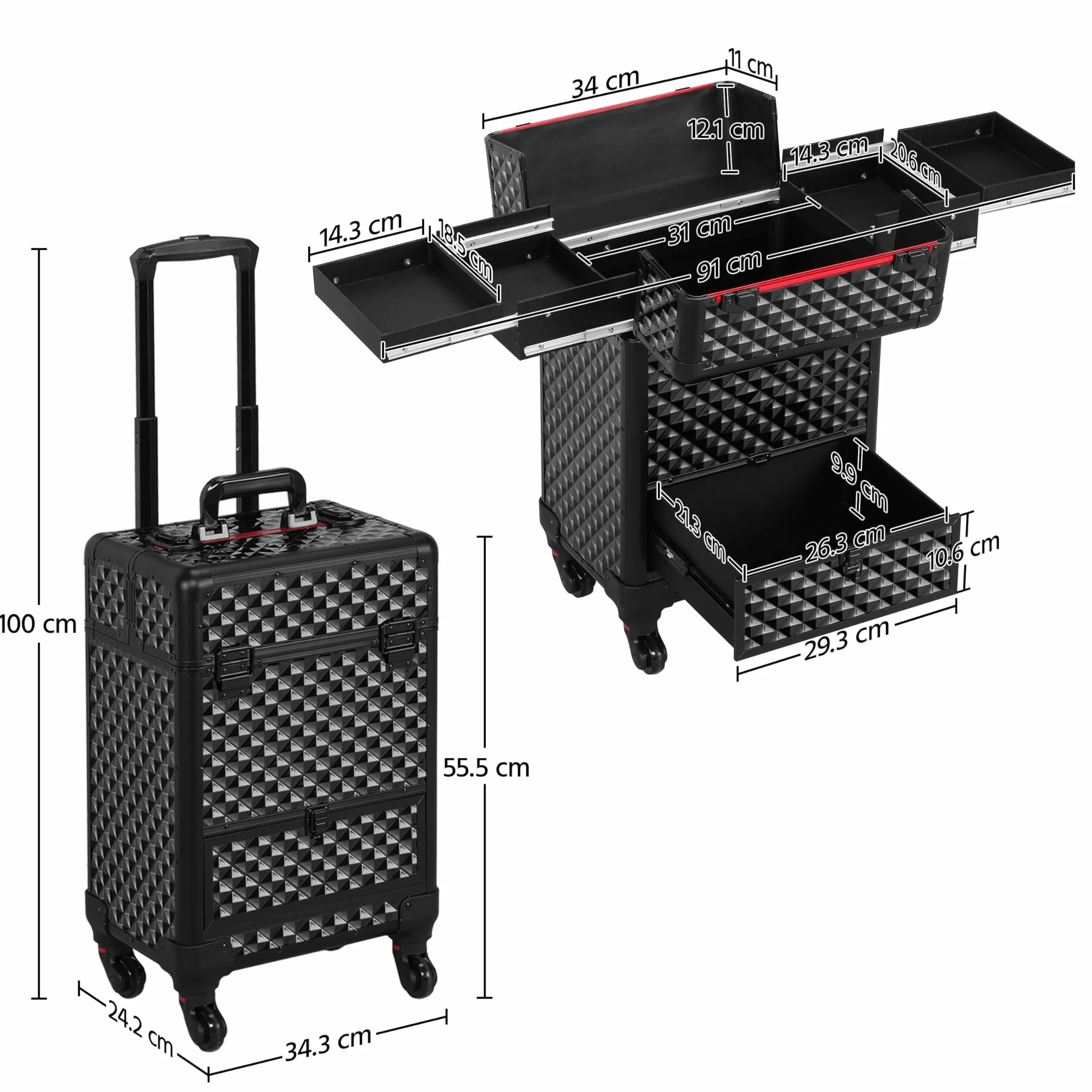 Yaheetech Valise de Maquillage Professionnel 1 Tiroir Mallette Verrouillable 4 Plateaux Rétractables 34x24x55 cm Noir Rouge